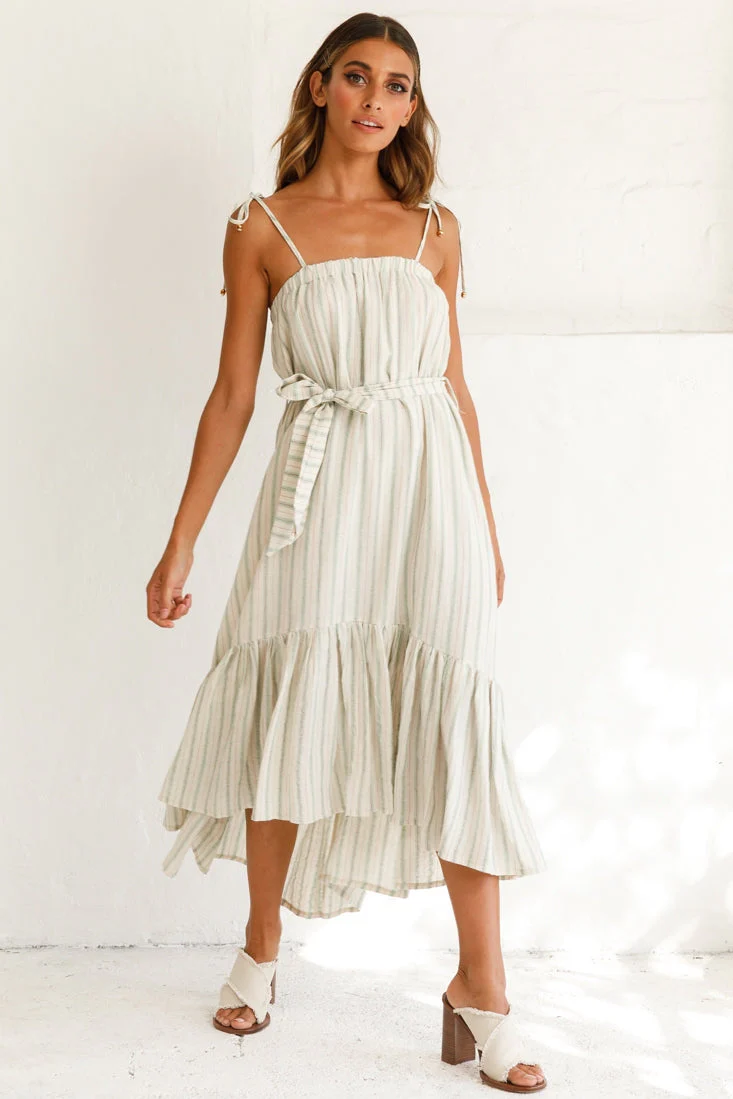 Golden Days Tied-Shoulder Midi Dress Stripe Pattern Olive - Image 2