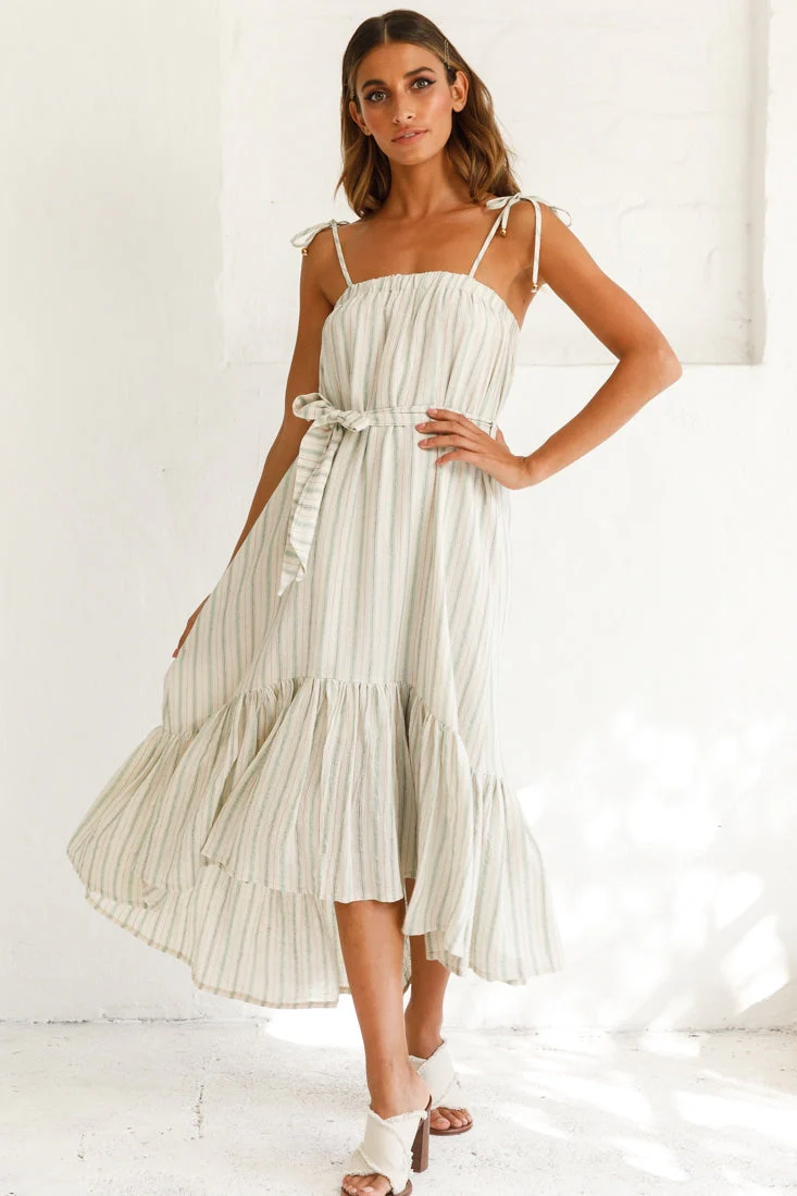 Golden Days Tied-Shoulder Midi Dress Stripe Pattern Olive - Image 6