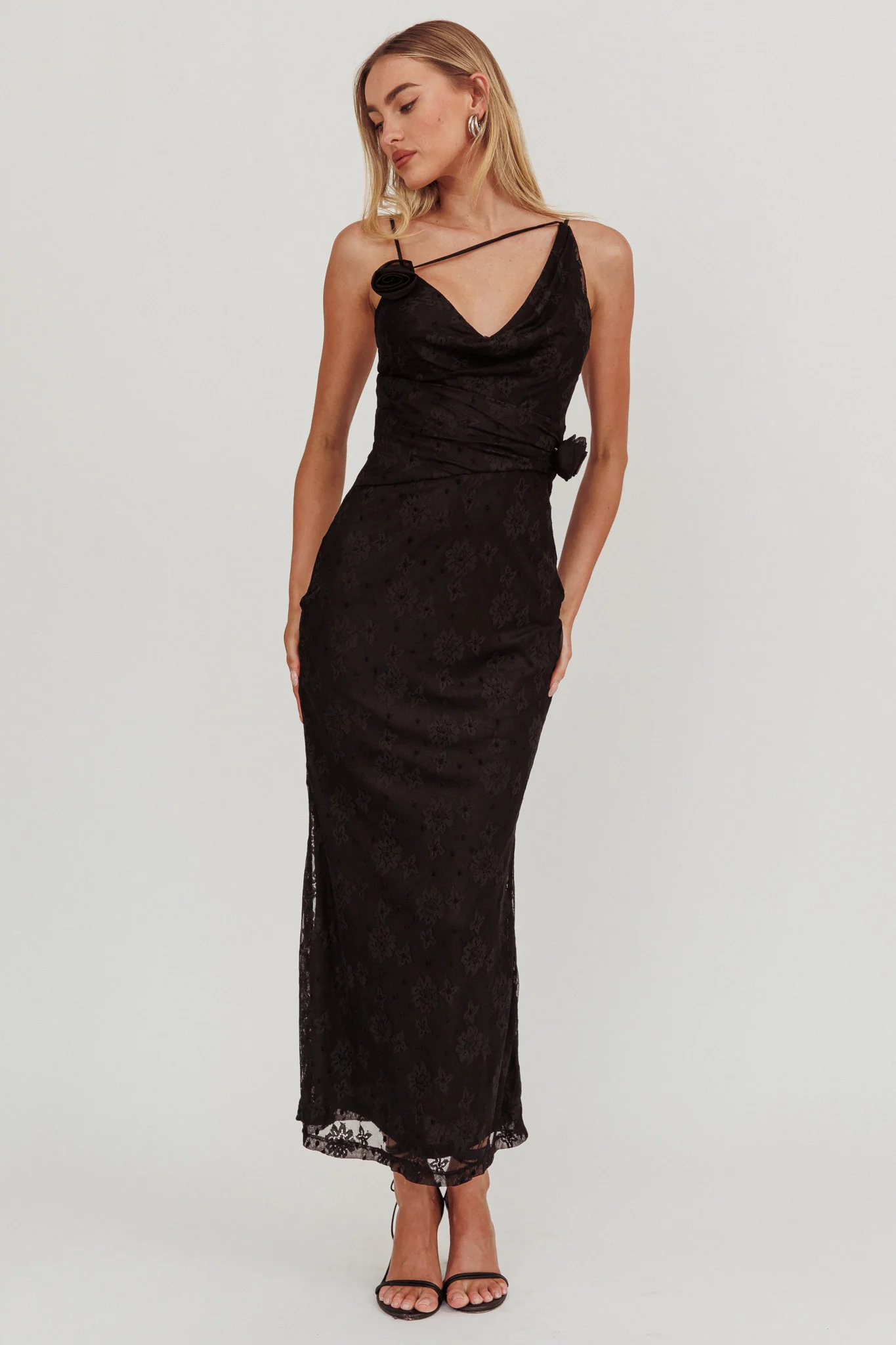 Golden Glow Rosette Cowl Neck Maxi Dress Black - Image 4