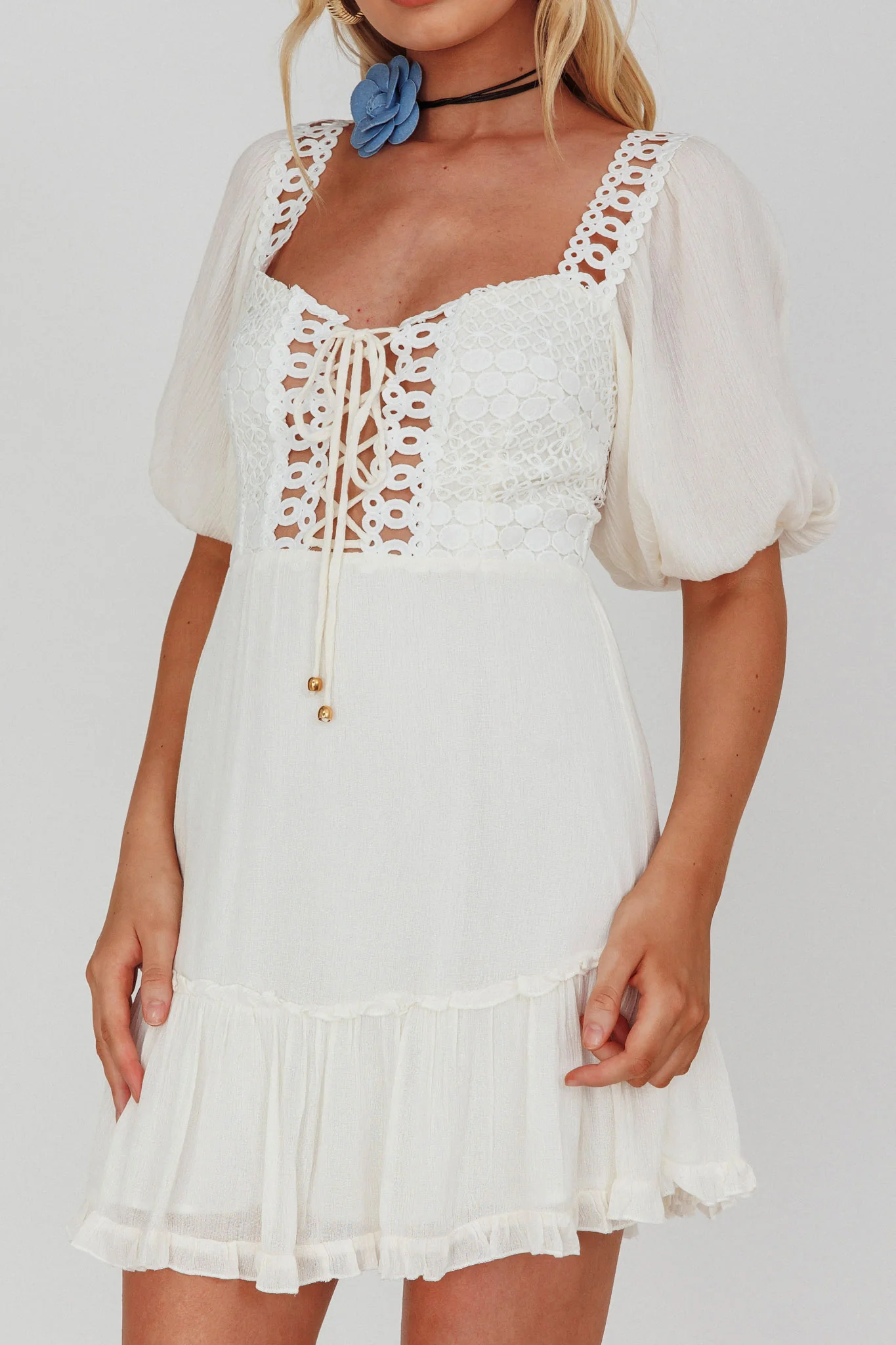 Golden Hour Lace-Up Front Crochet Dress White - Image 4