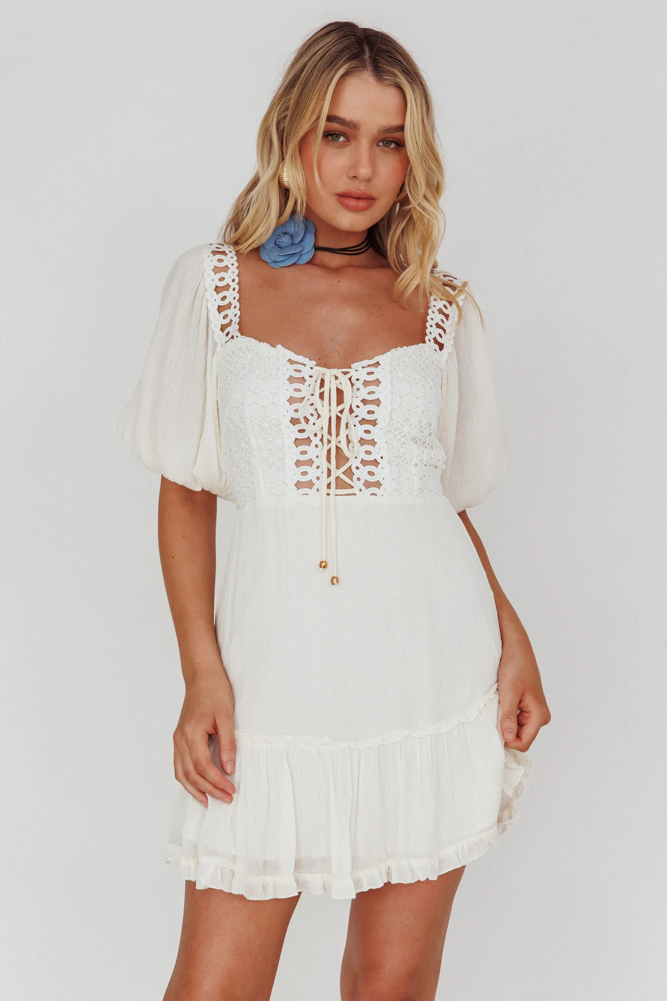 Golden Hour Lace-Up Front Crochet Dress White - Image 5