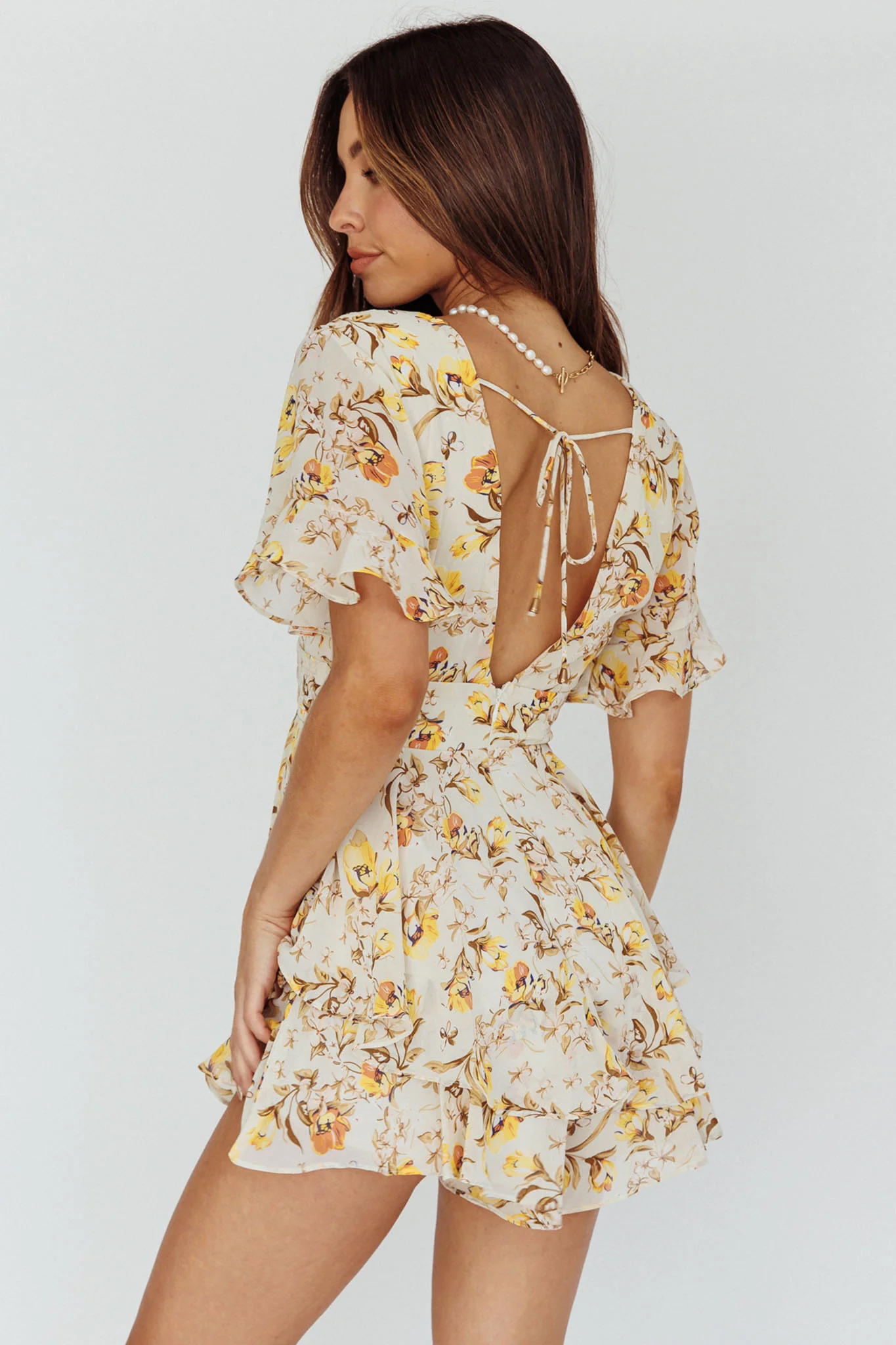 Golden Light Pintuck Pleat Romper Floral Beige - Image 2