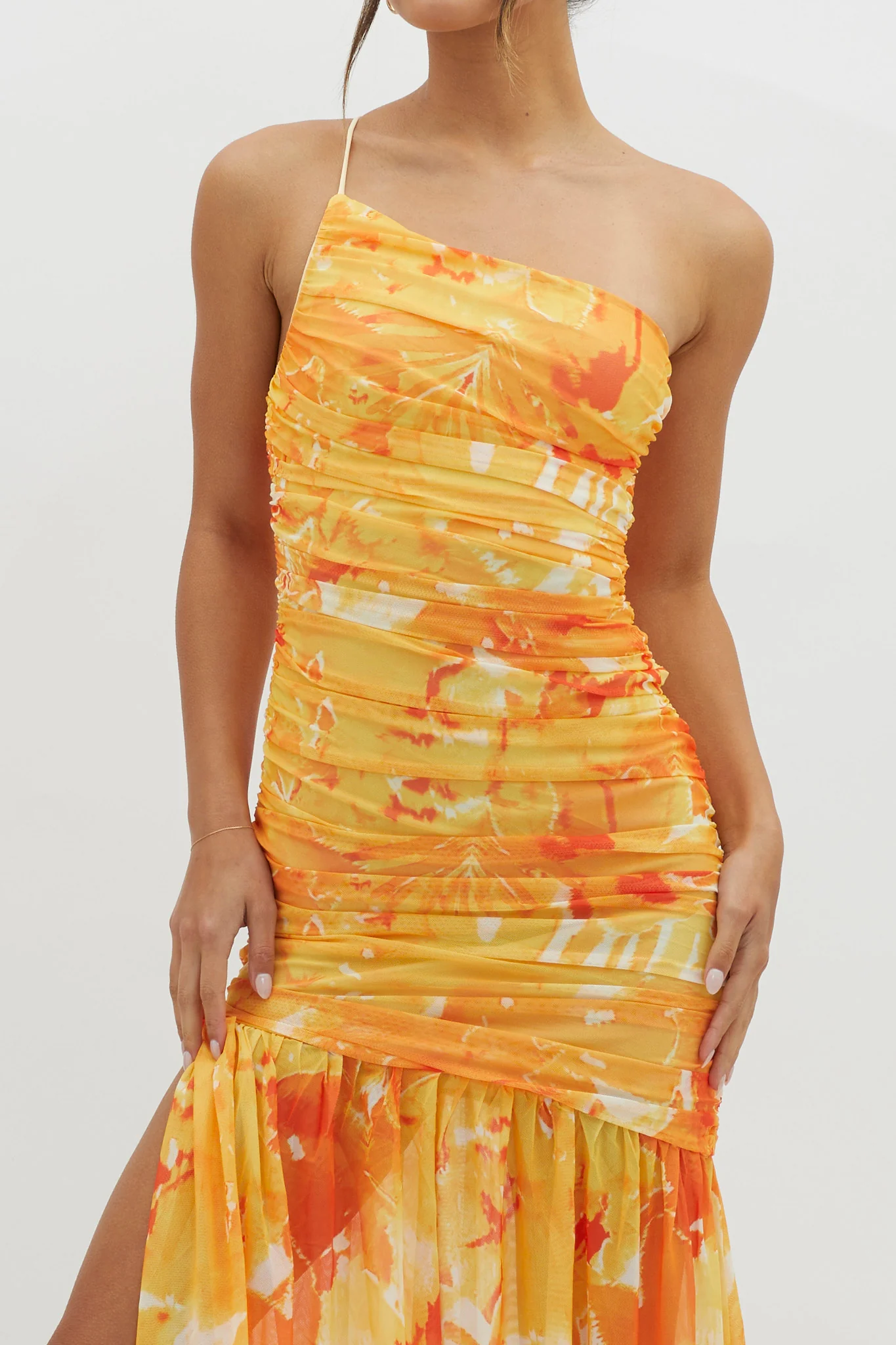 Golden Sun One-Shoulder Ruched Maxi Dress Yellow - Image 3