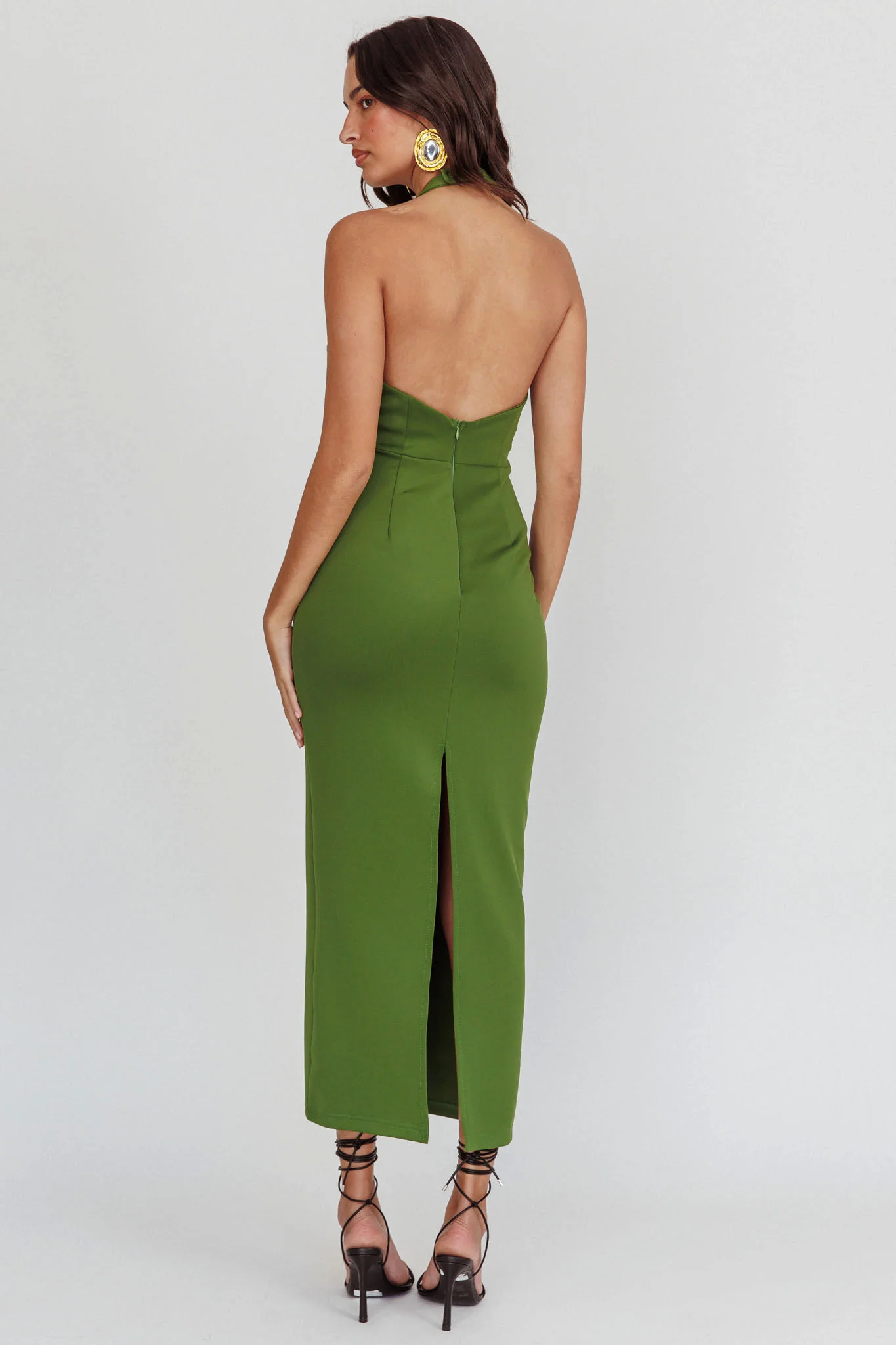 Goldfoil Halter Neck Maxi Dress Olive - Image 2