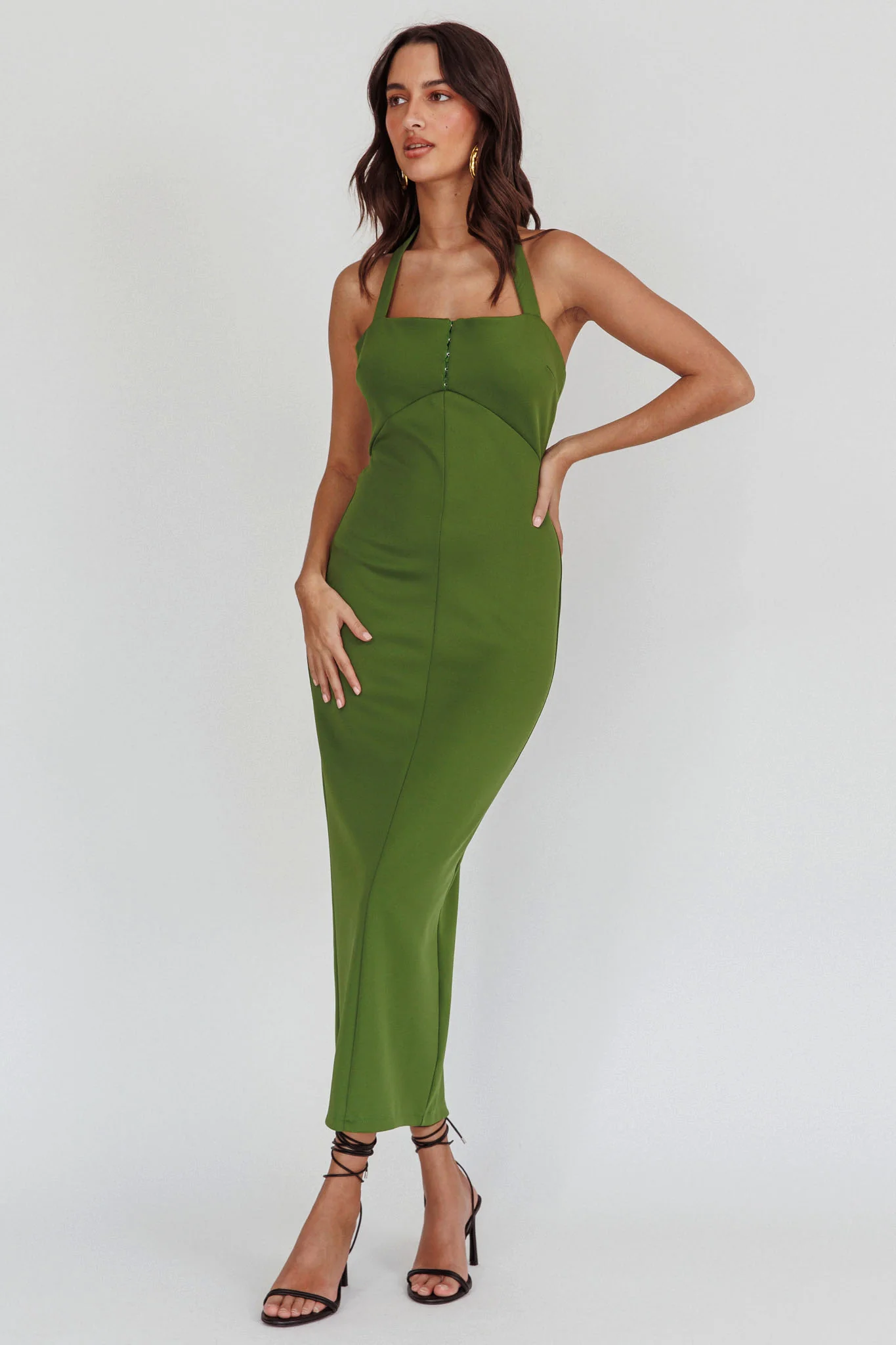 Goldfoil Halter Neck Maxi Dress Olive - Image 3