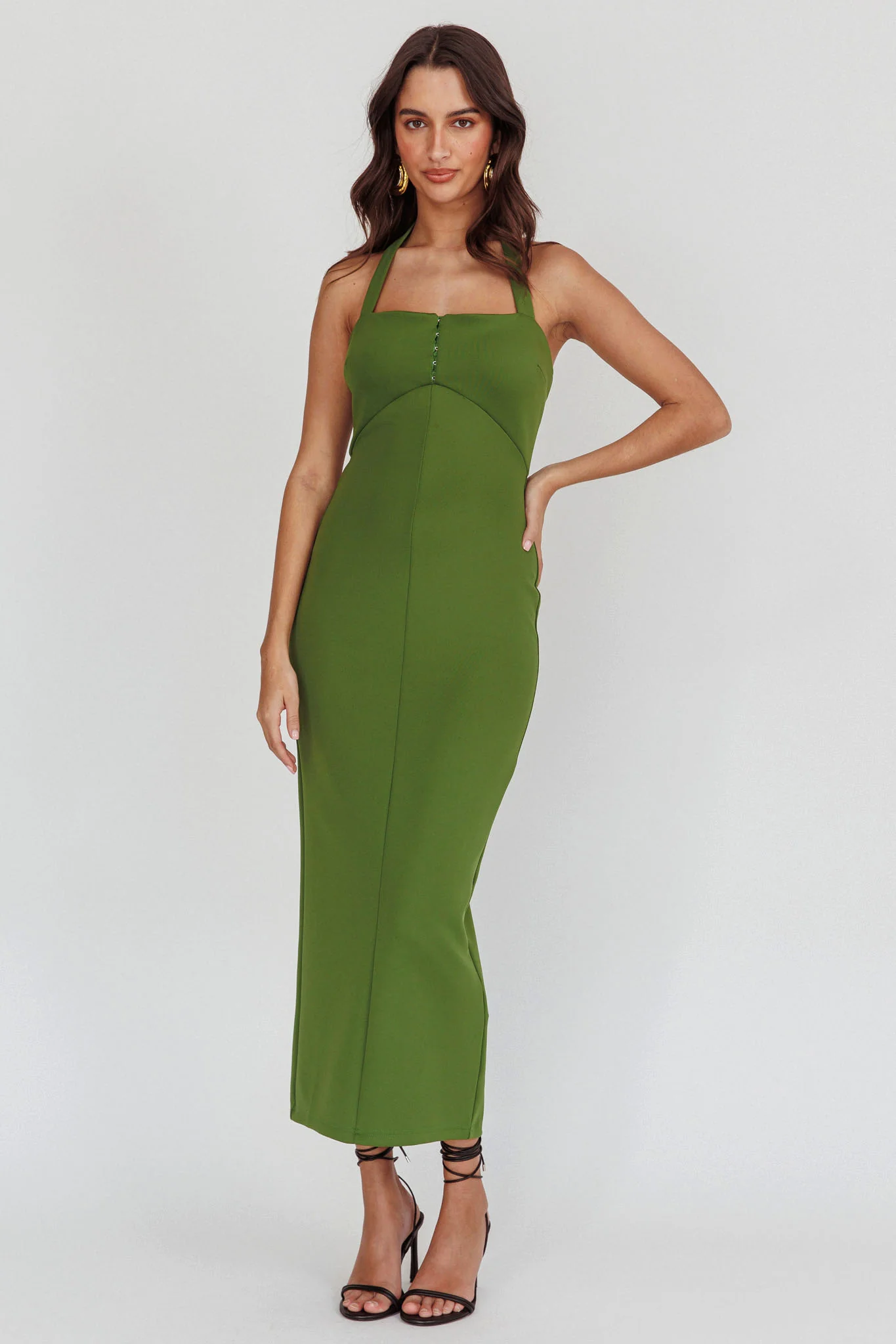 Goldfoil Halter Neck Maxi Dress Olive - Image 5