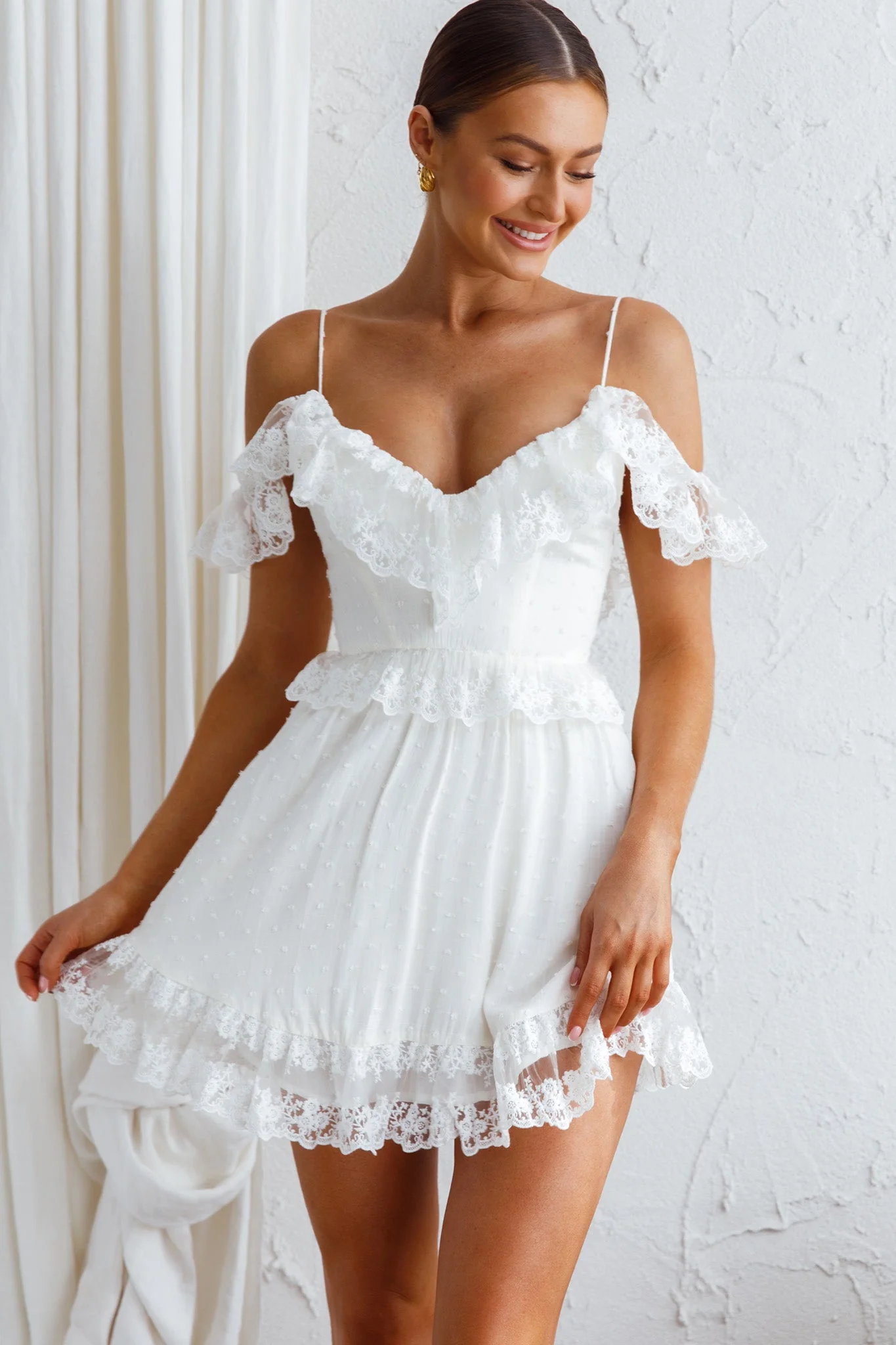 Good Morning Sunshine Off Shoulder Lace Frill Trim Mini Dress White - Image 7