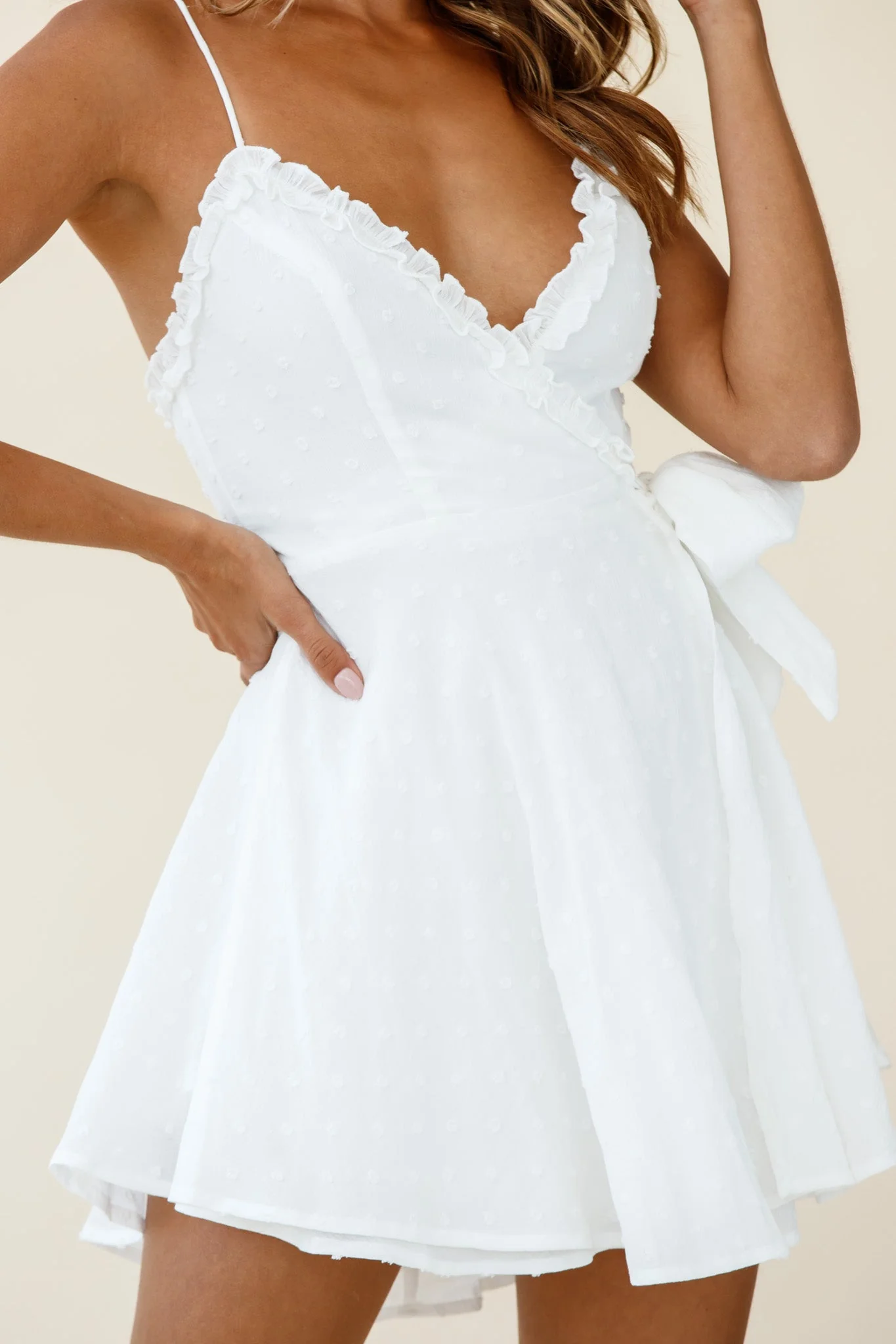 Good News Faux Wrap Frill Trim Dress White - Image 5