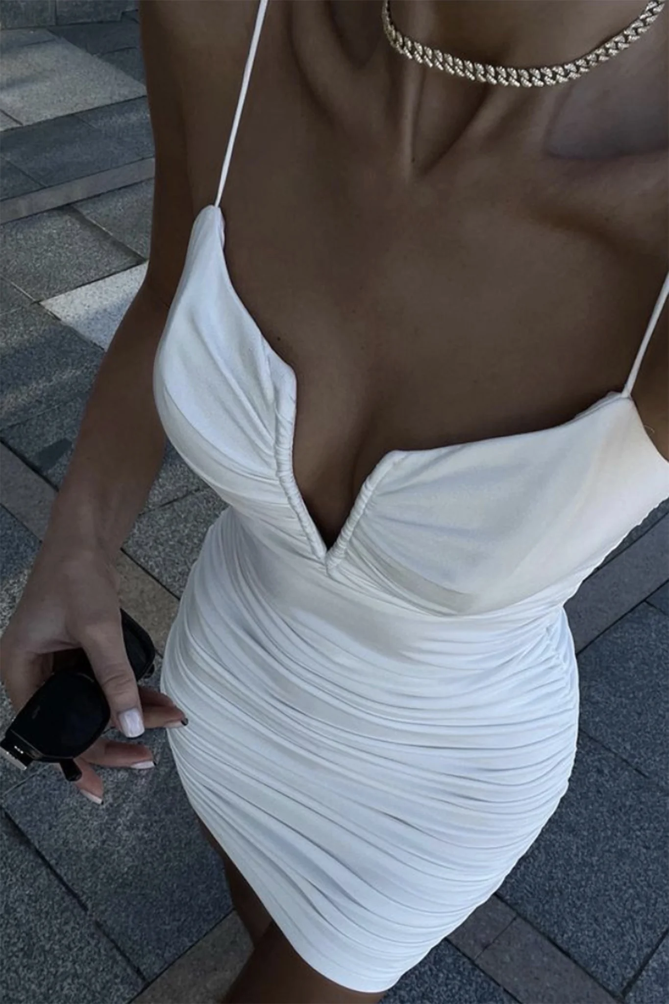 Good Vibes Cami Strap Deep V-Neckline Ruched Mini Dress White - Image 2