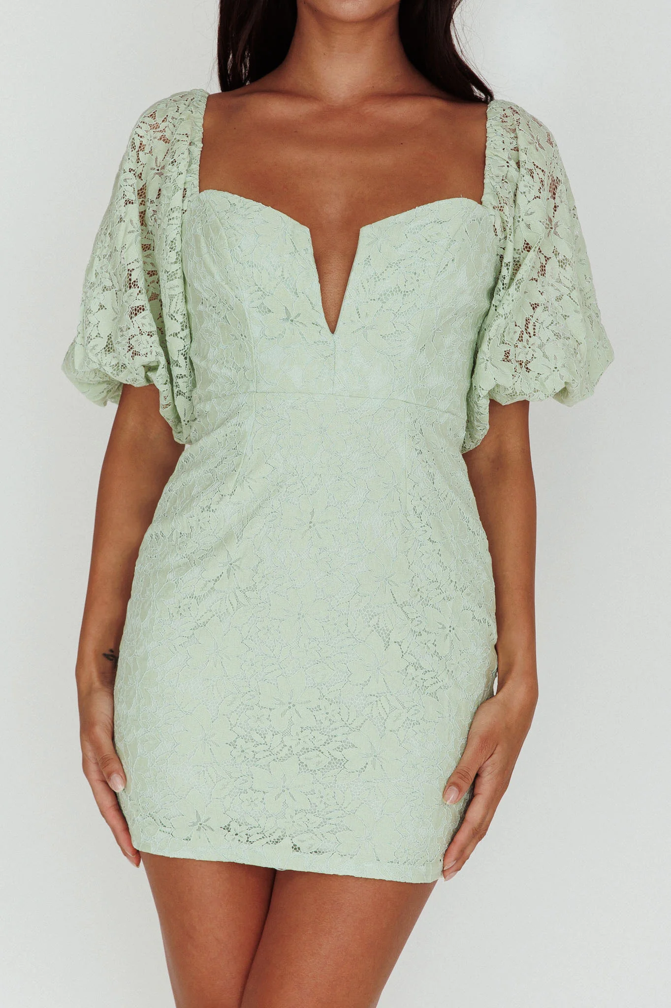 Good Vibes Puff Sleeve Deep V-Neckline Lace Mini Dress Sage - Image 4