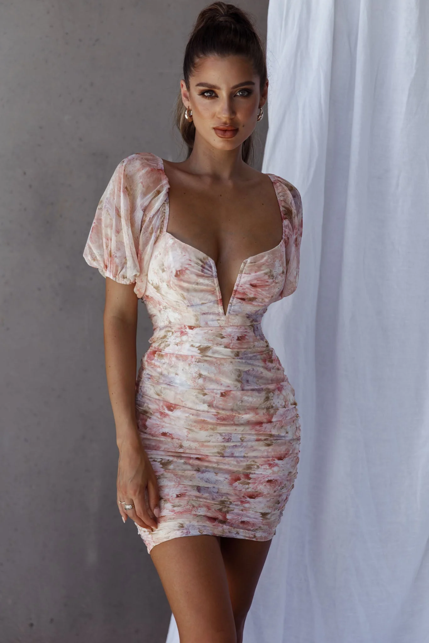 Good Vibes Puff Sleeve Deep V-Neckline Mini Dress Floral Print Pink - Image 8