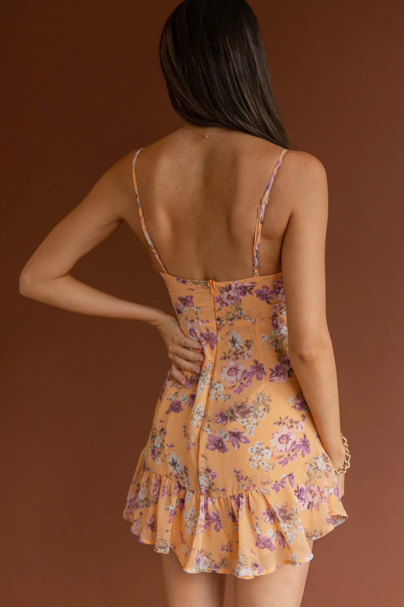Good Vibes V-Neckline Frill Hem Dress Floral Orange - Image 2