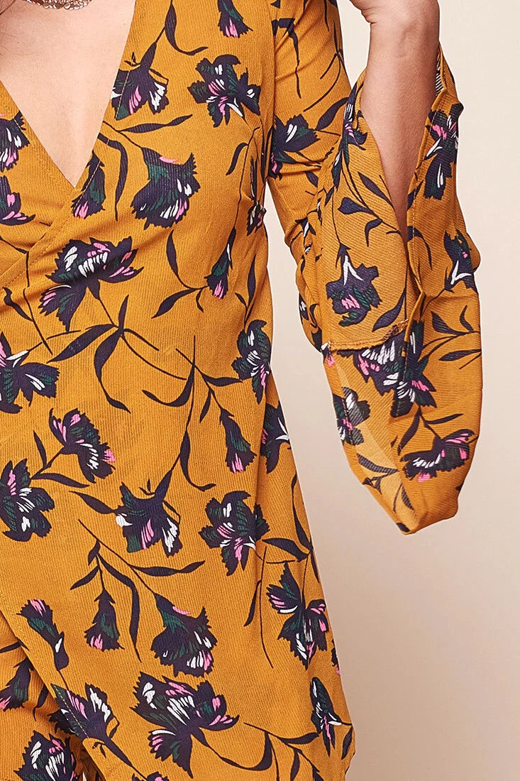 Grace Bell Sleeve Asymmetrical Wrap Booty Romper Mustard - Image 6
