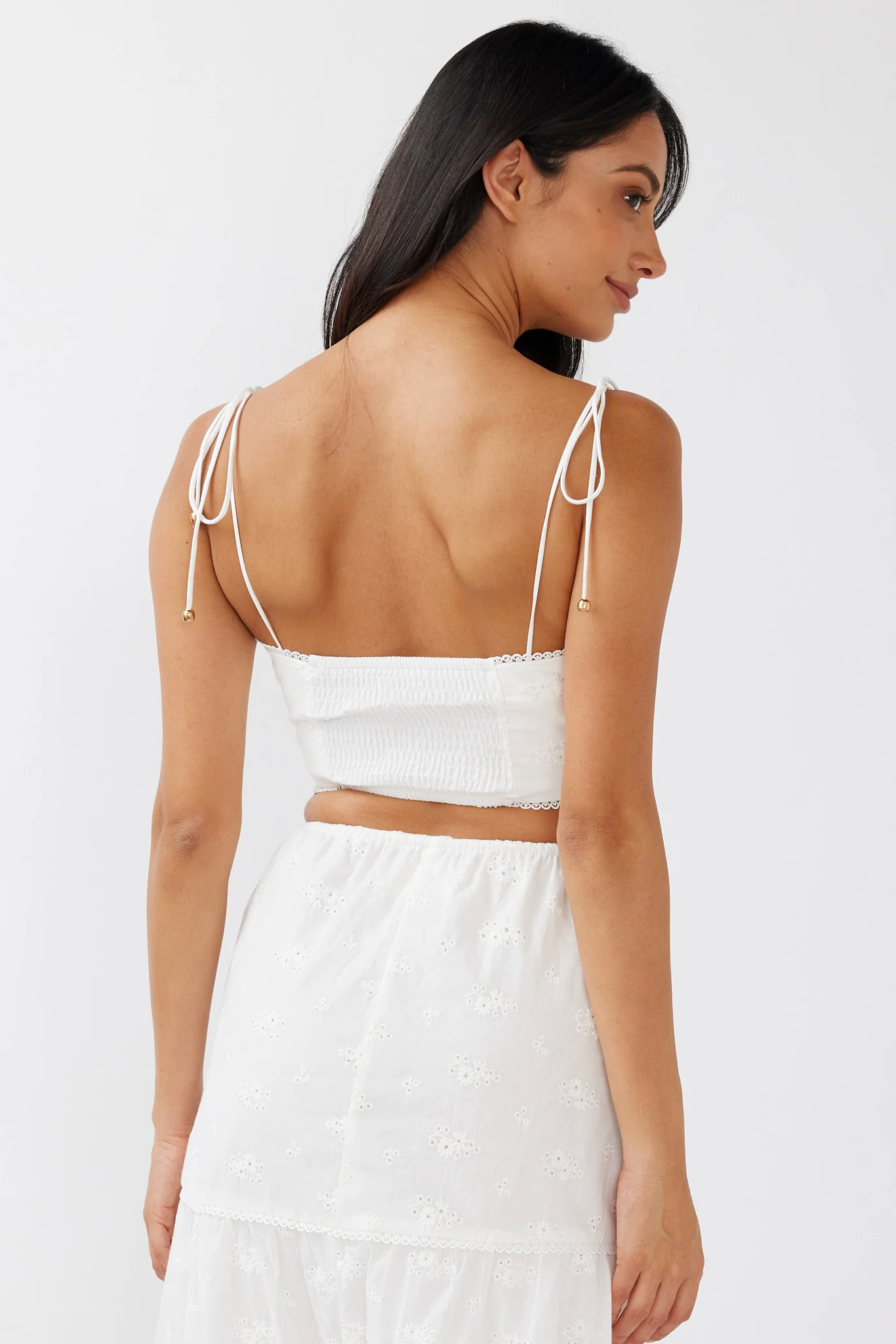 Gracelyn Tied Shoulder Embroidery Crop Top White - Image 2