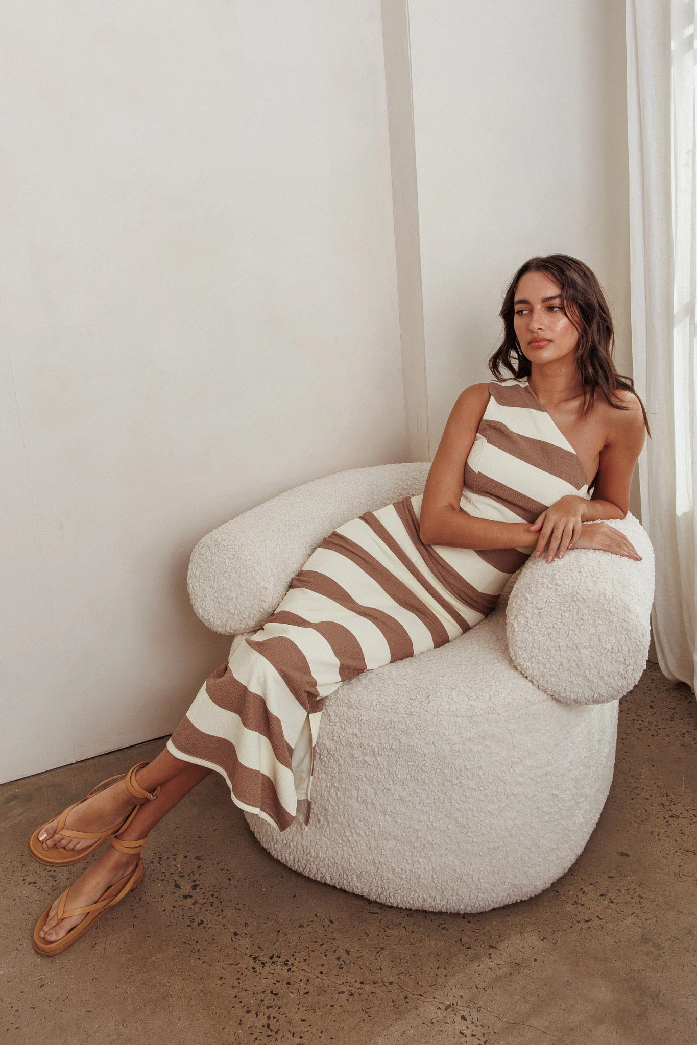 Gracey Striped One Shoulder Maxi Dress Beige/White - Image 6