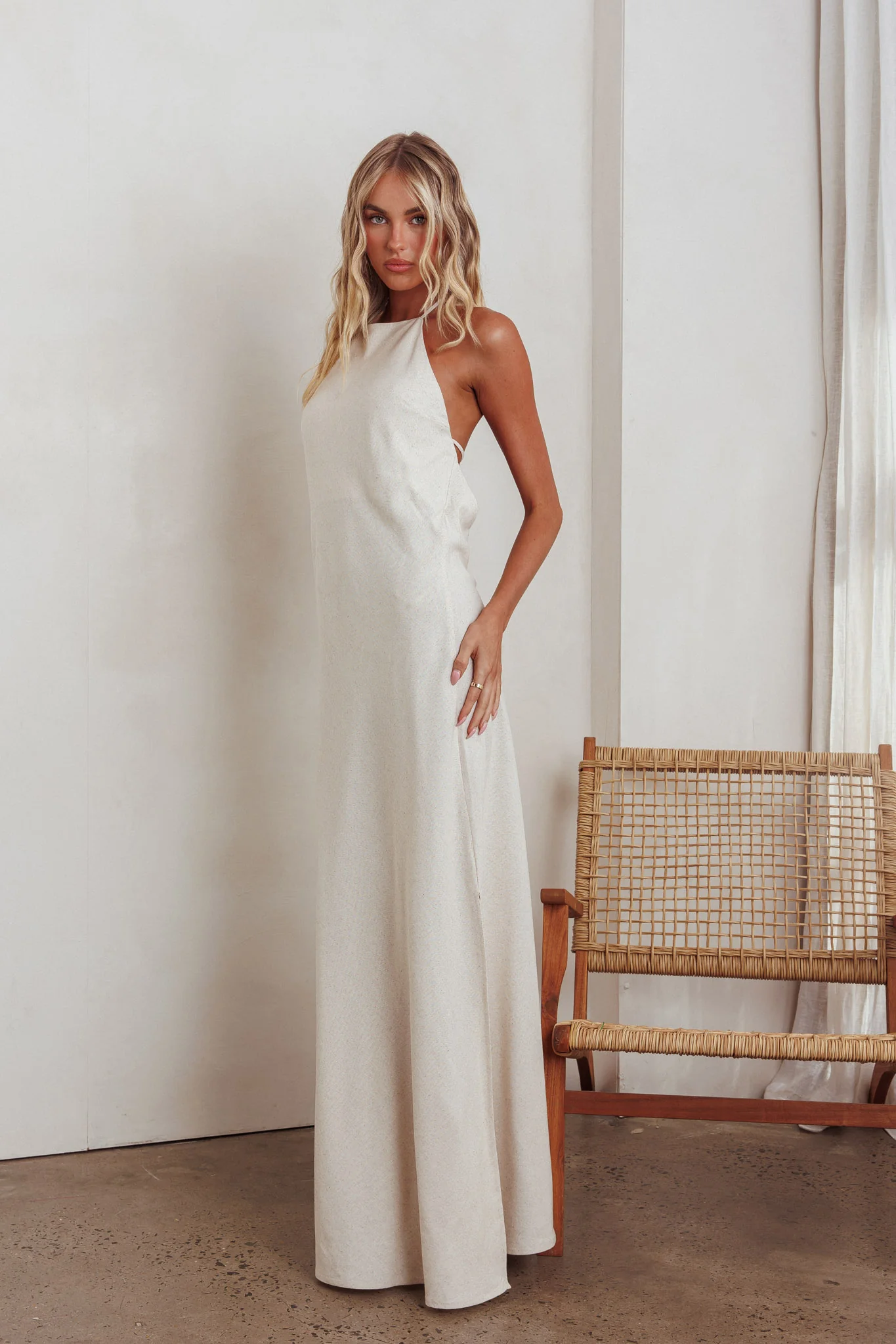 Gracie Halter Tied Back Maxi Dress Oatmeal - Image 2