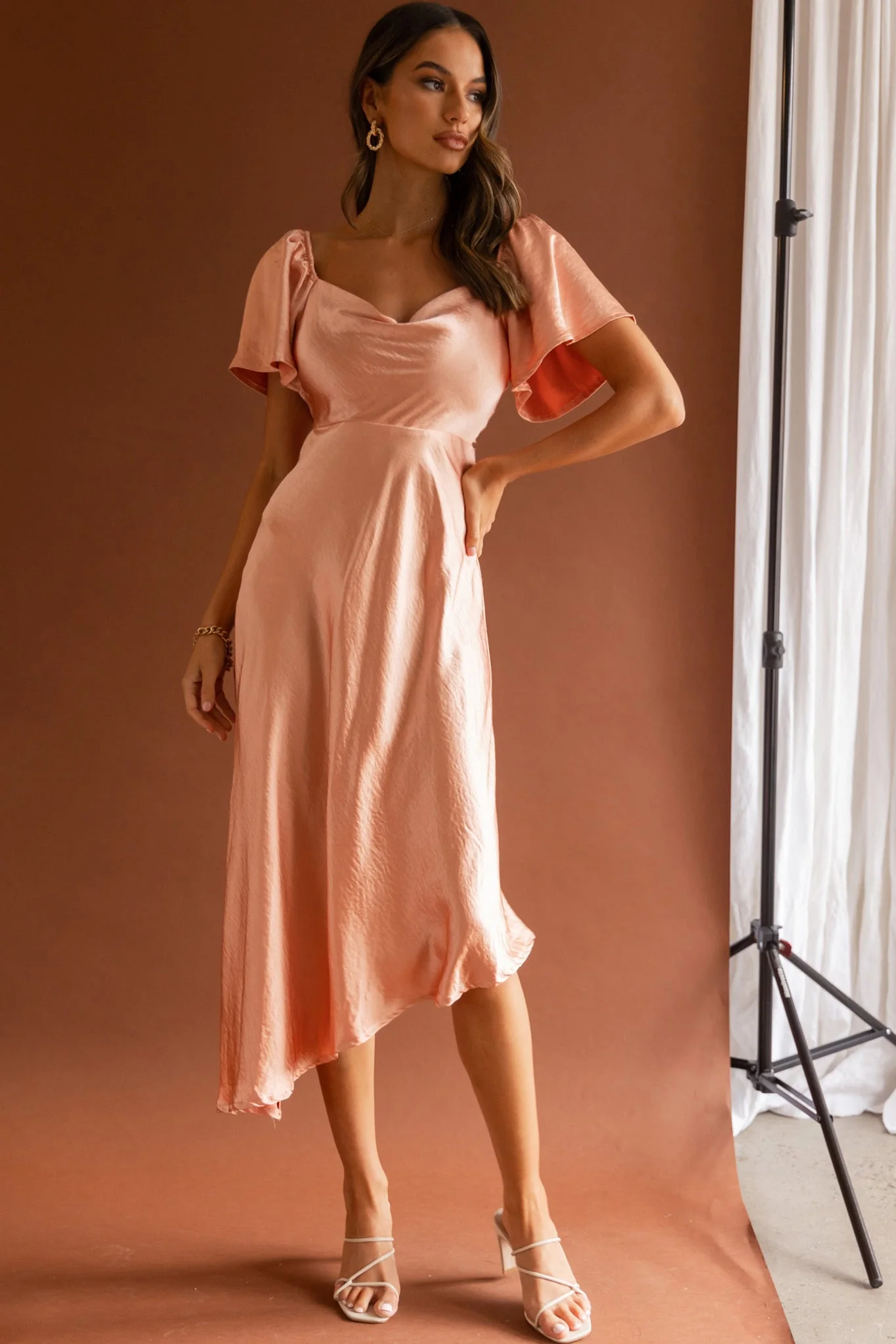 Grayson Tied Back Asymmetrical Midi Dress Peach - Image 3