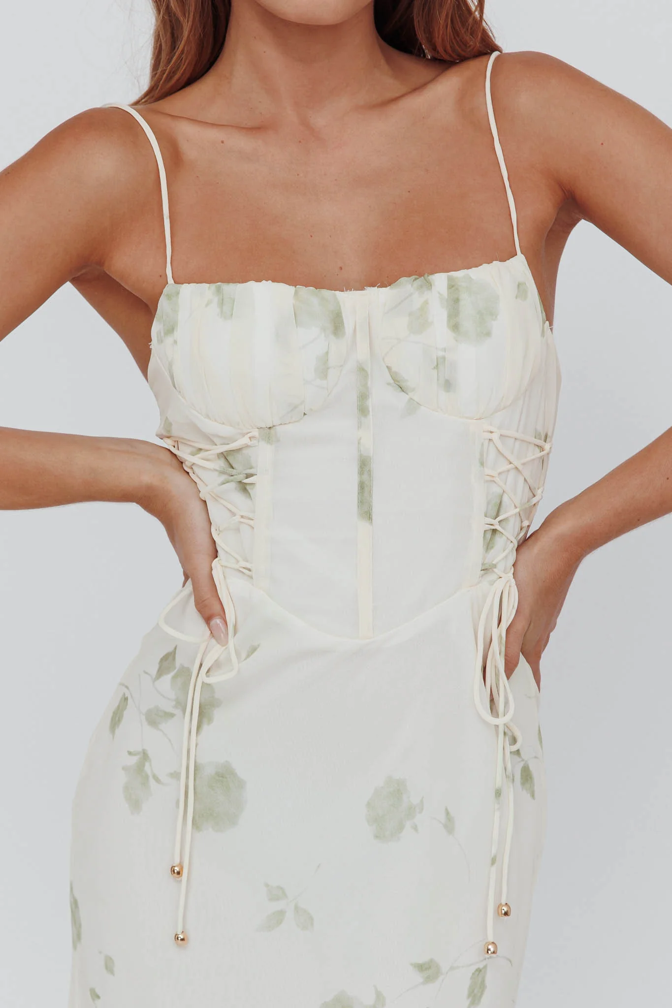 Graziella Laced Corset Midi Dress Floral Green - Image 3