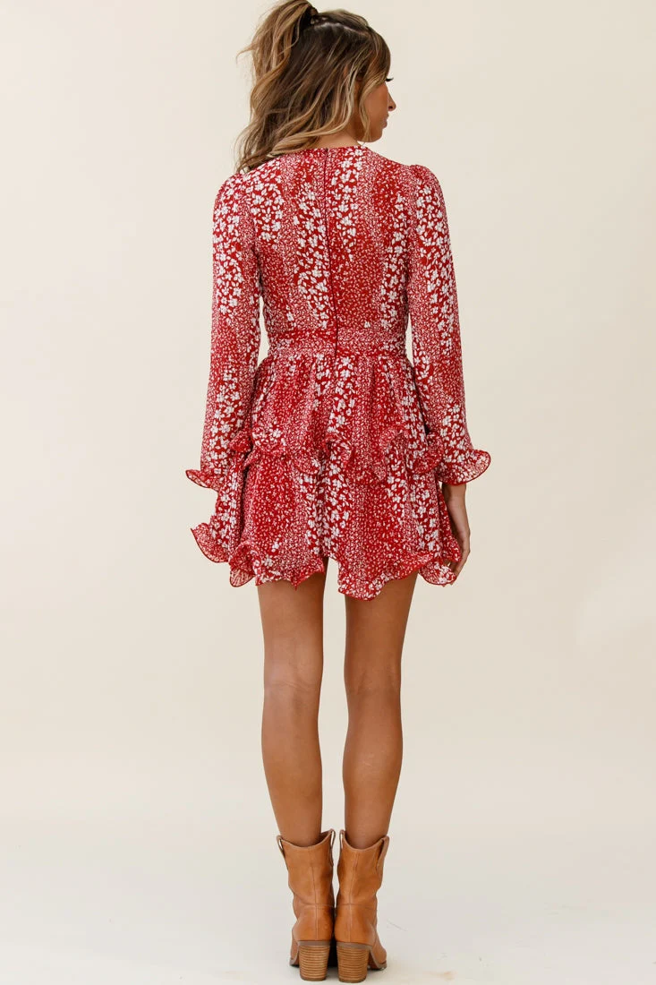 Greta Tiered Ruffle Chiffon Dress Floral Print Red - Image 6