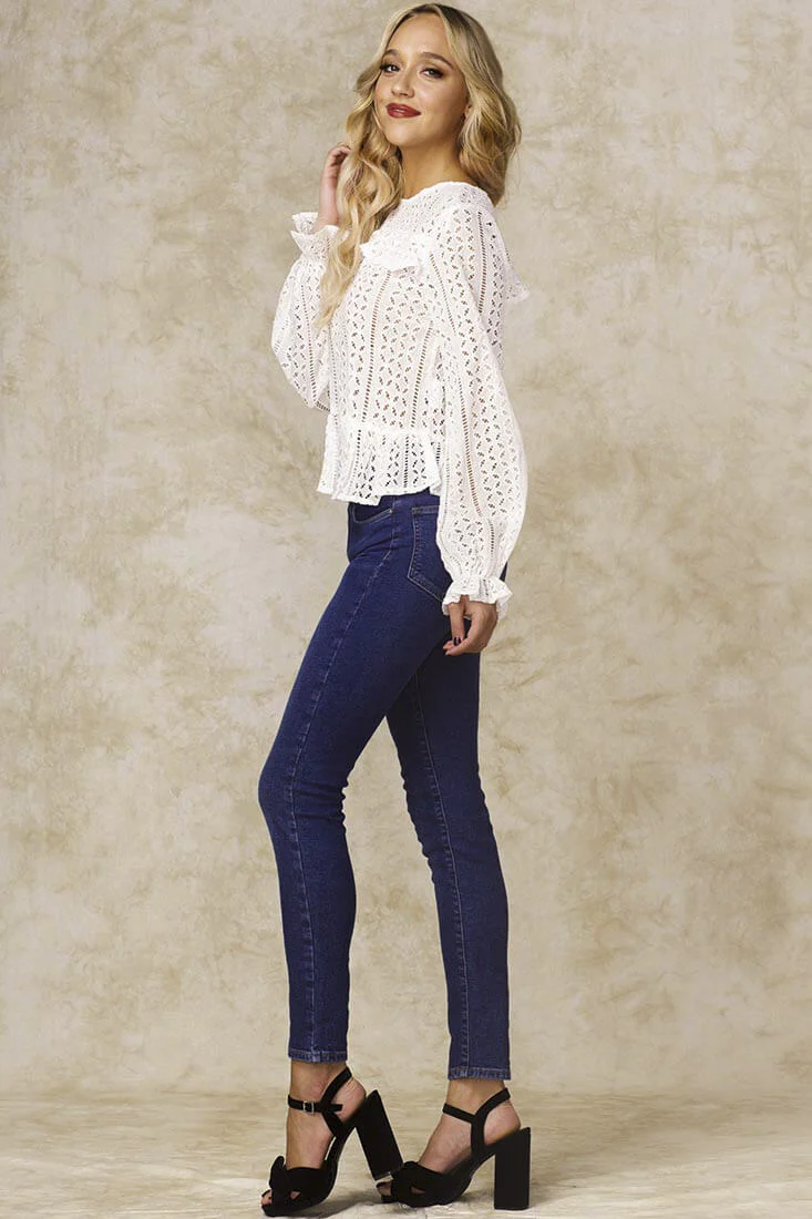 Gwendoline Mesh Long Sleeved Ruffled Shirt White - Image 4