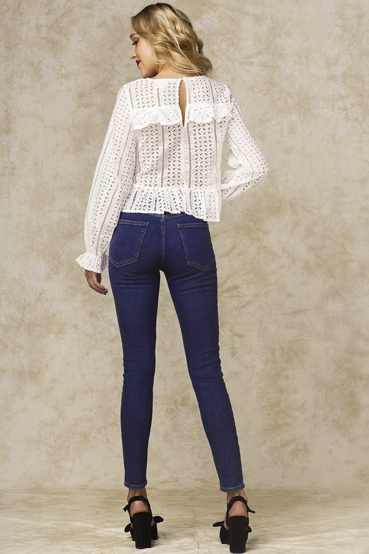 Gwendoline Mesh Long Sleeved Ruffled Shirt White - Image 5