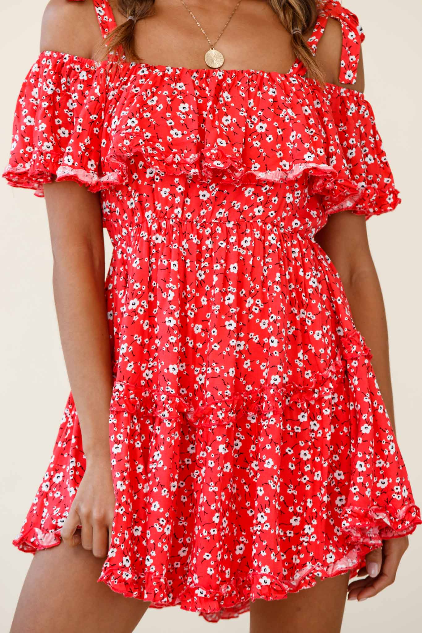Hacienda Bardot Neckline Frill Dress Floral Print Red - Image 4
