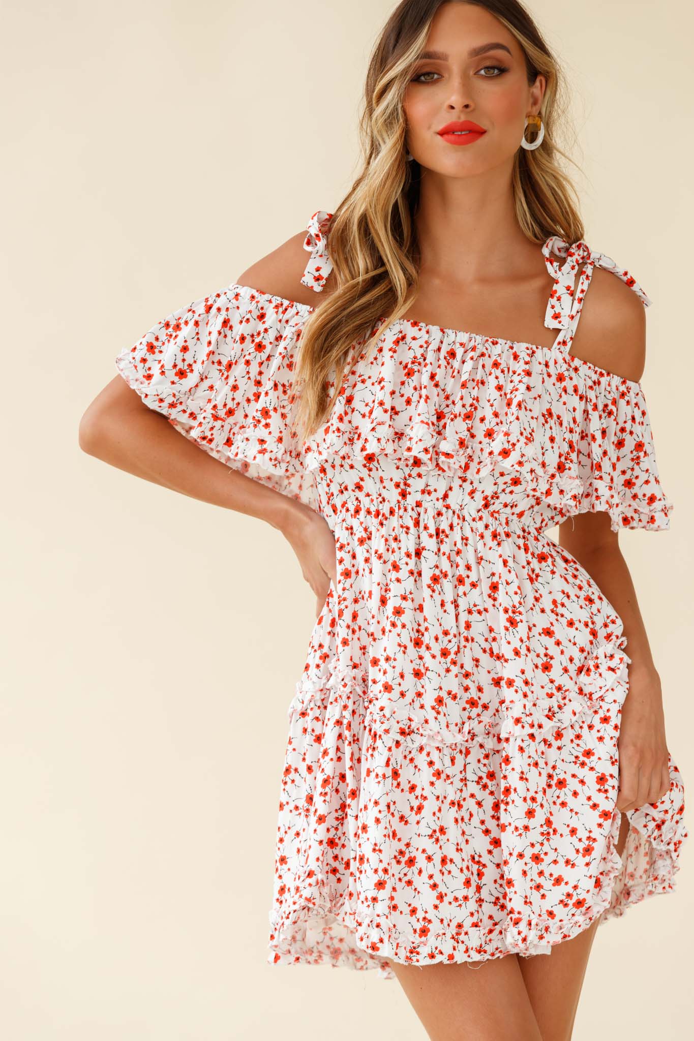 Hacienda Bardot Neckline Frill Dress Floral Print White - Image 3