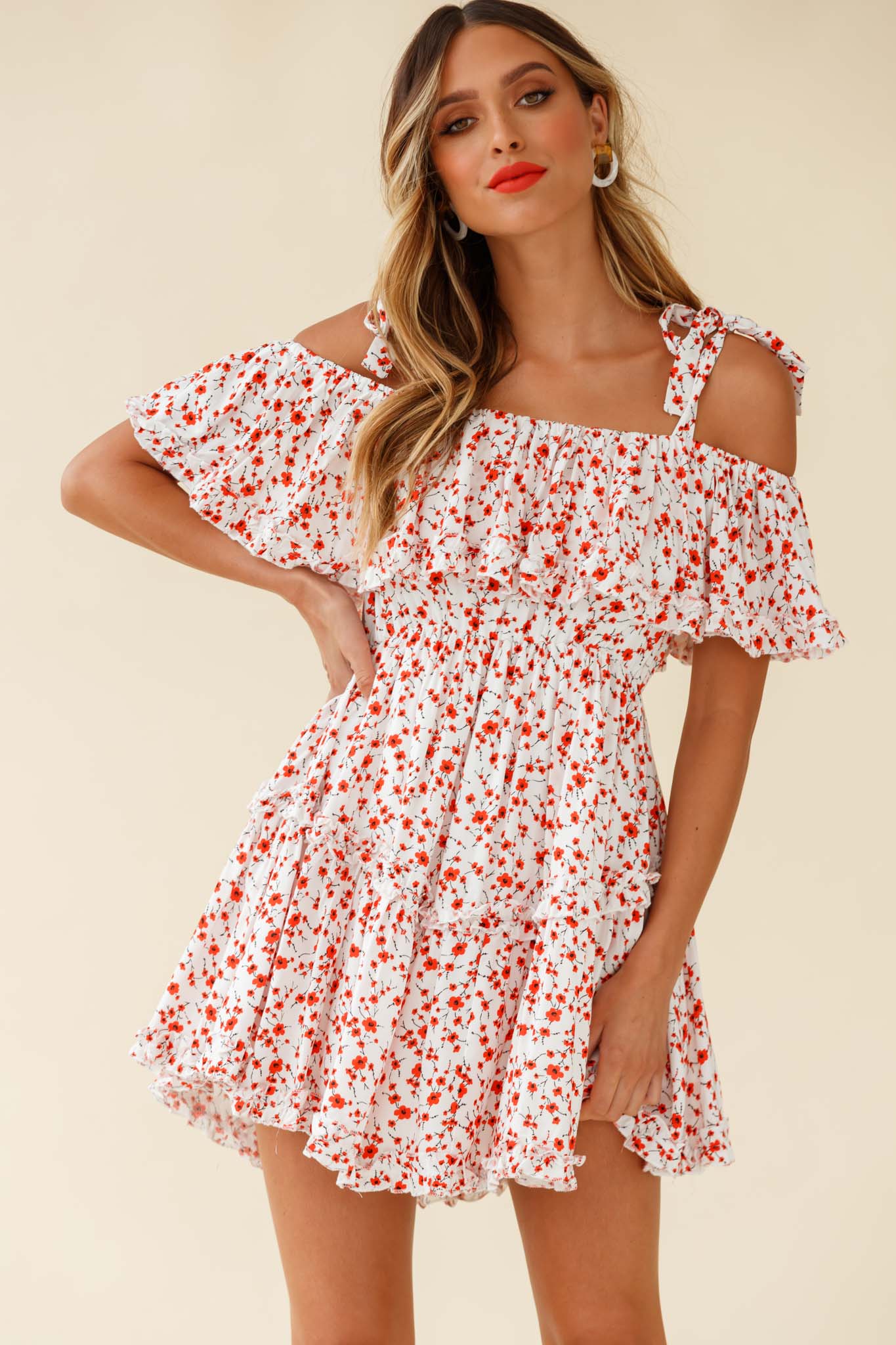 Hacienda Bardot Neckline Frill Dress Floral Print White - Image 6