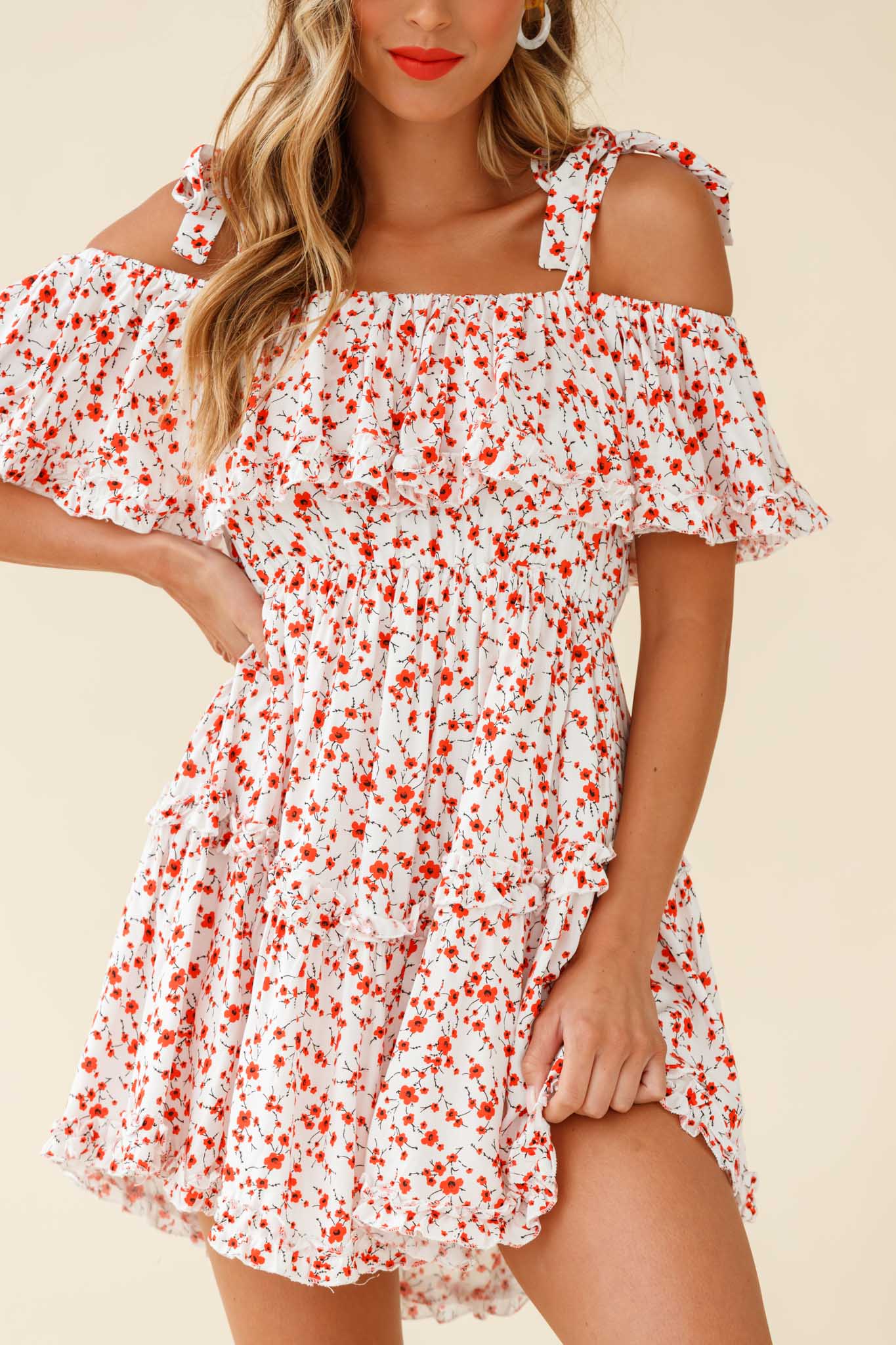 Hacienda Bardot Neckline Frill Dress Floral Print White - Image 7