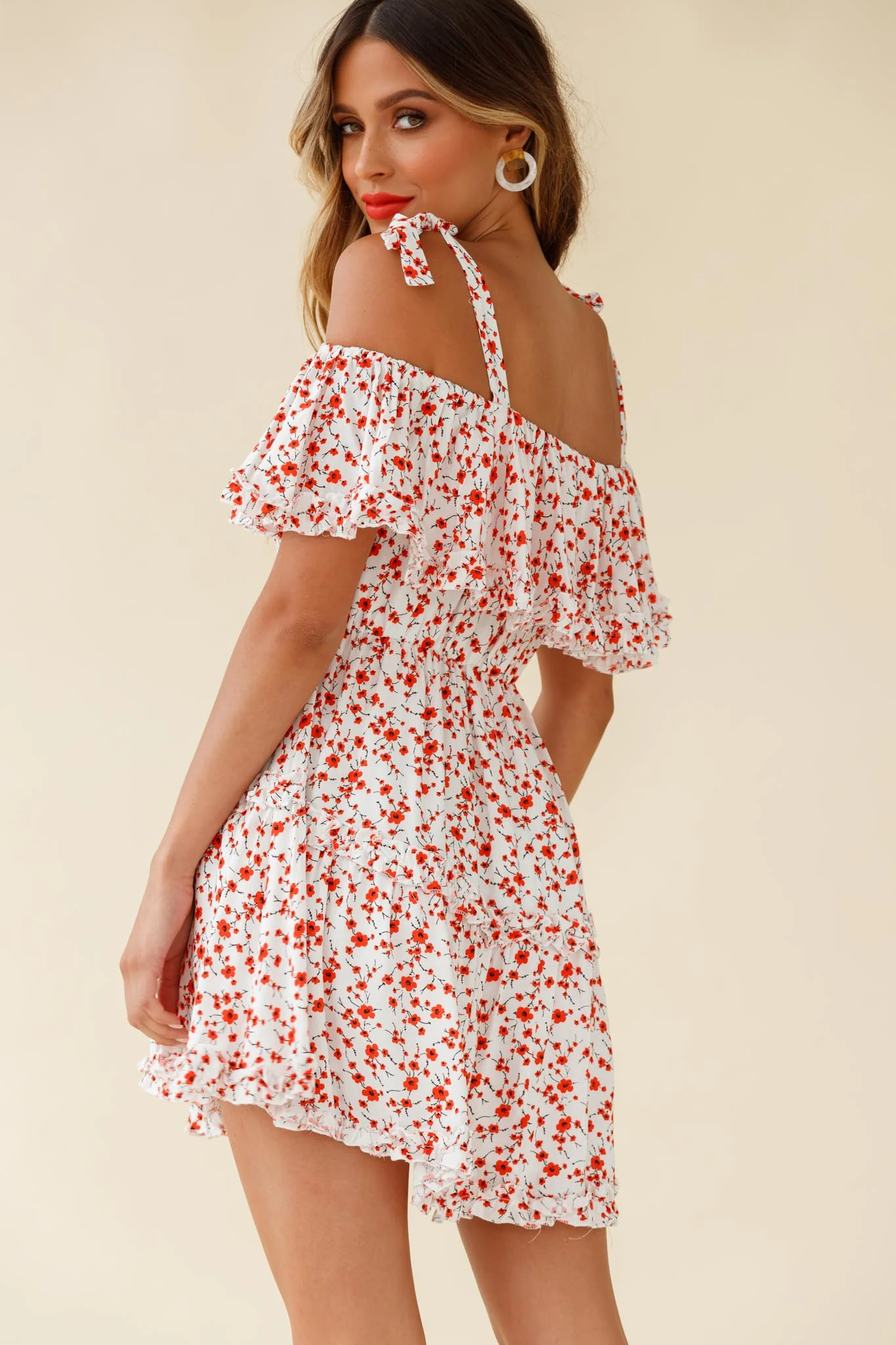 Hacienda Bardot Neckline Frill Dress Floral Print White - Image 8