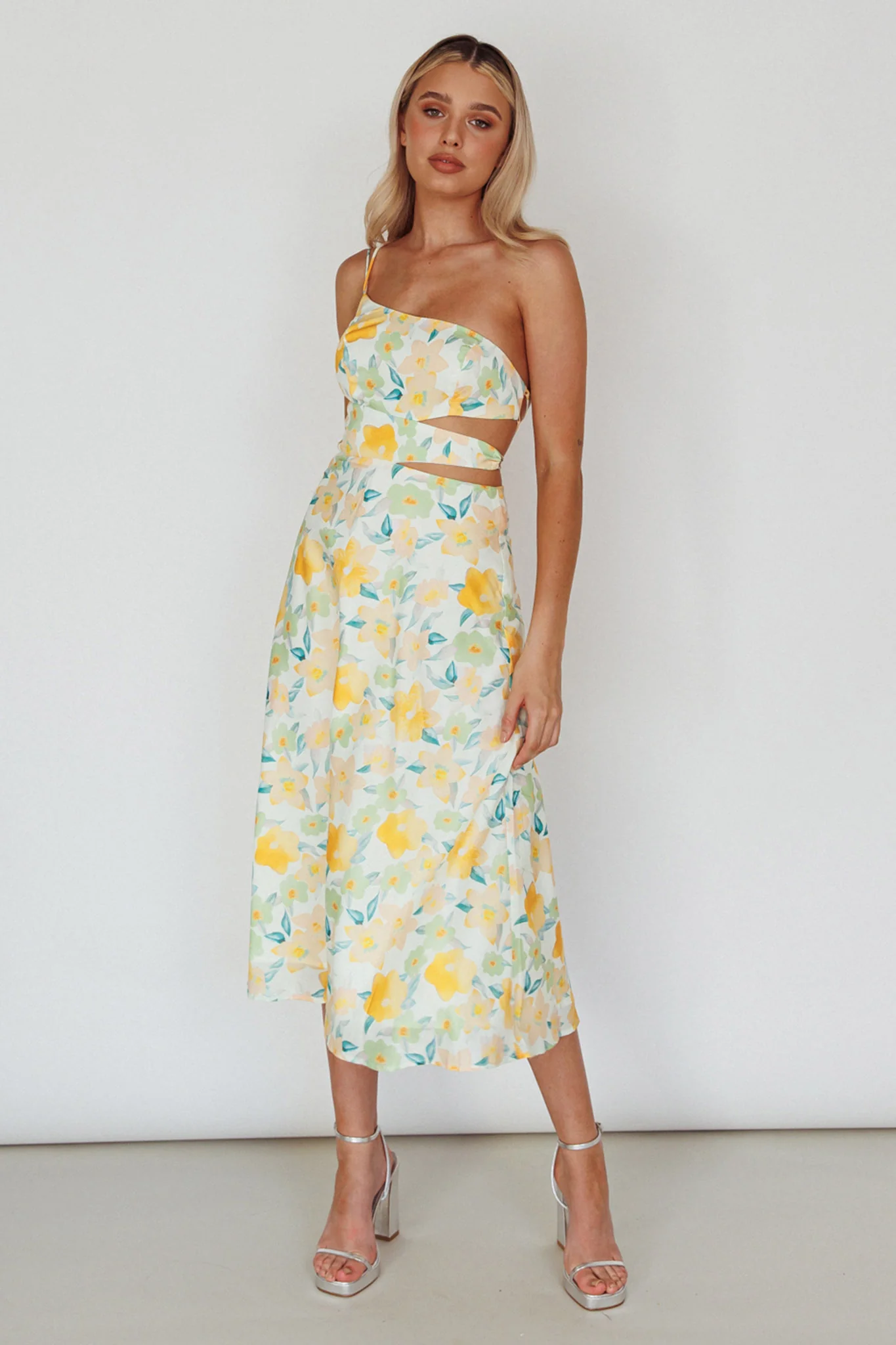 Halia One-Shoulder A-Line Midi Dress Floral Yellow - Image 3