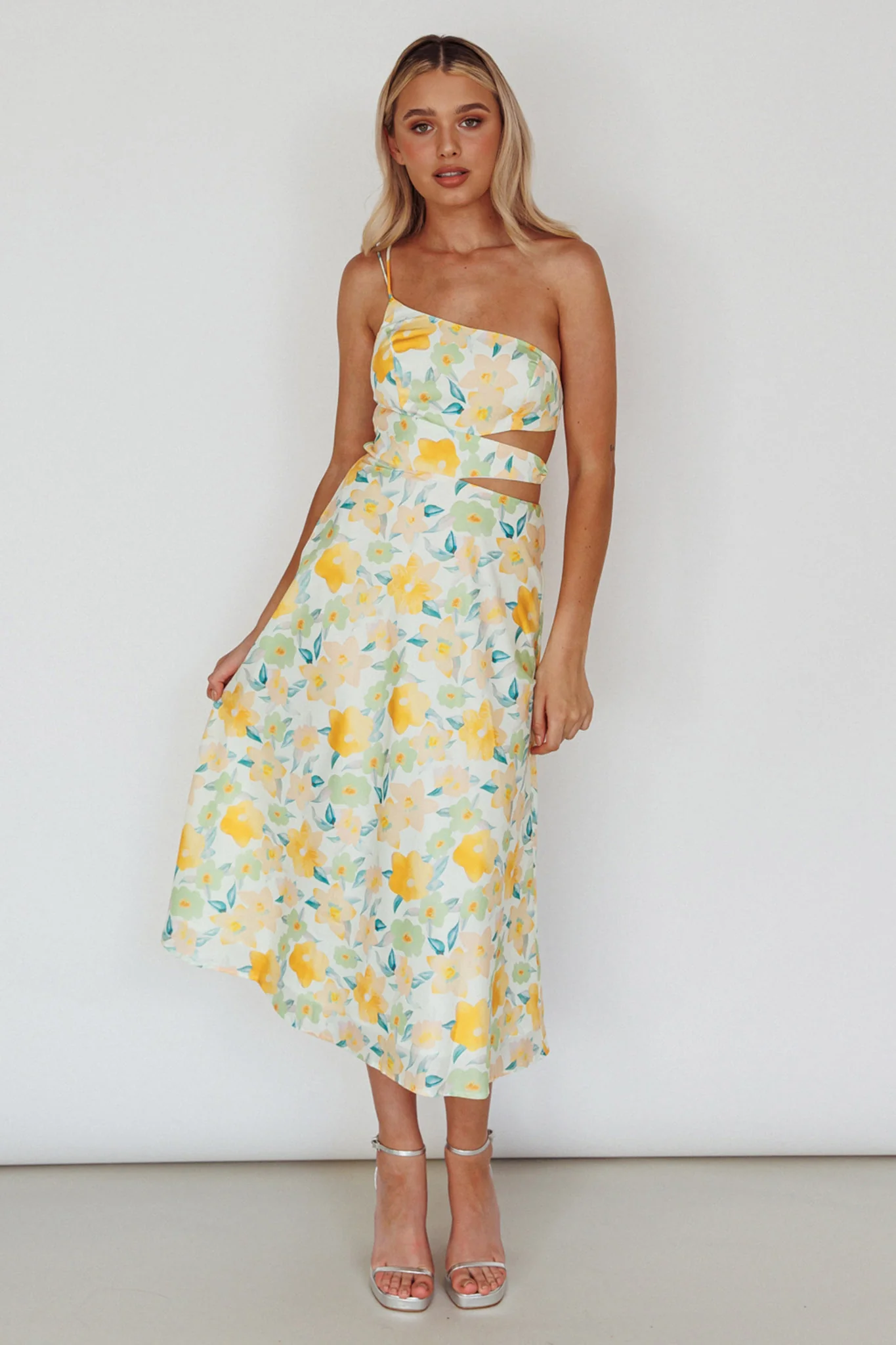 Halia One-Shoulder A-Line Midi Dress Floral Yellow - Image 5