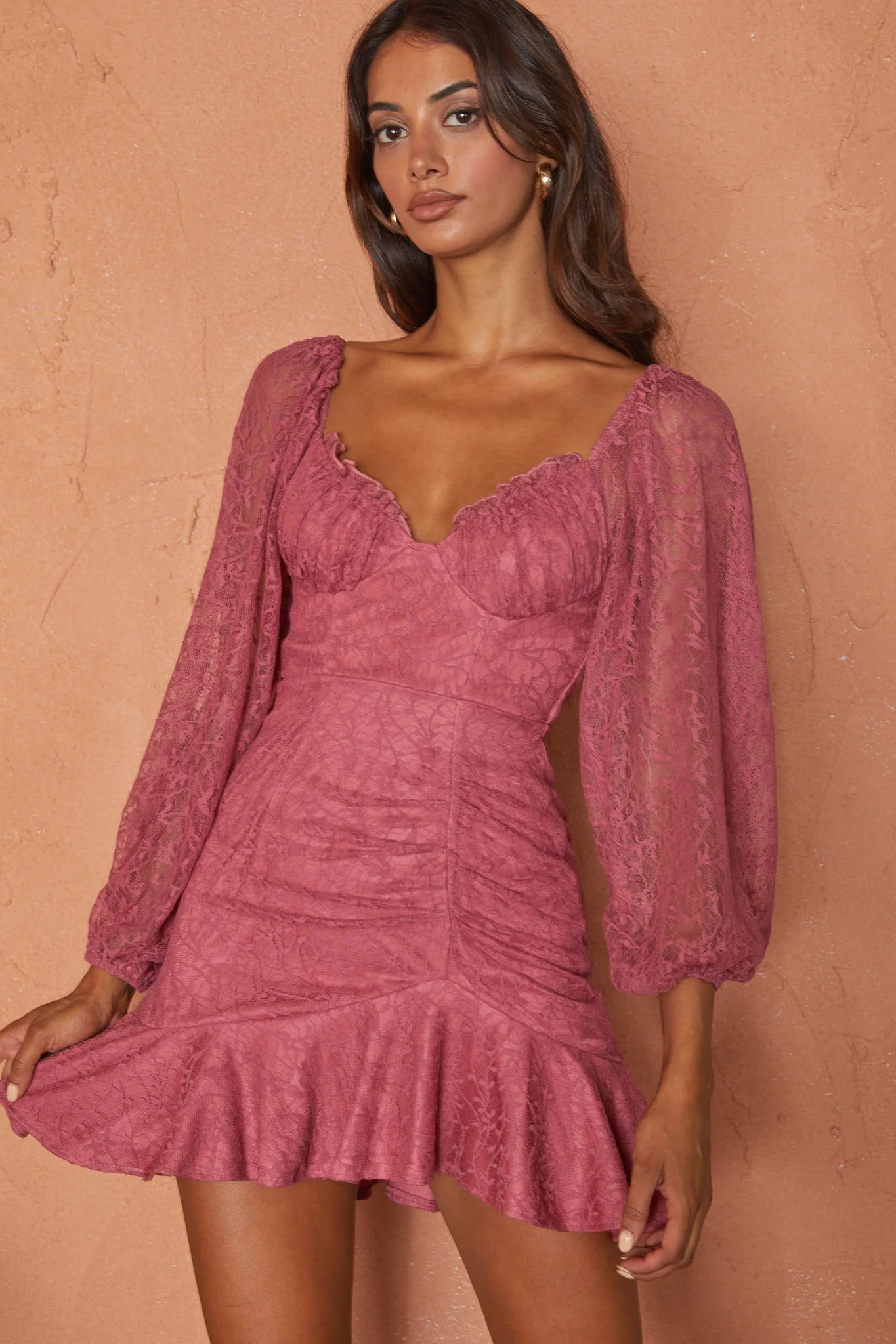 Halley Balloon Sleeve Frill Bust Flounce Hem Lace Dress Rose - Image 4