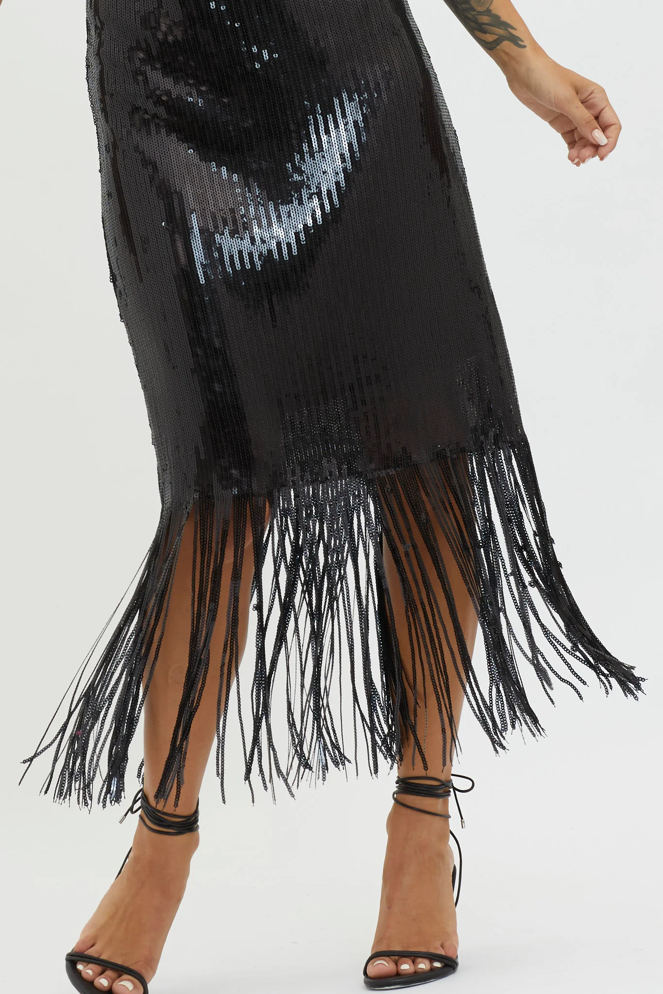 Halo Moon Sequin Fringe Midi Dress Black - Image 3