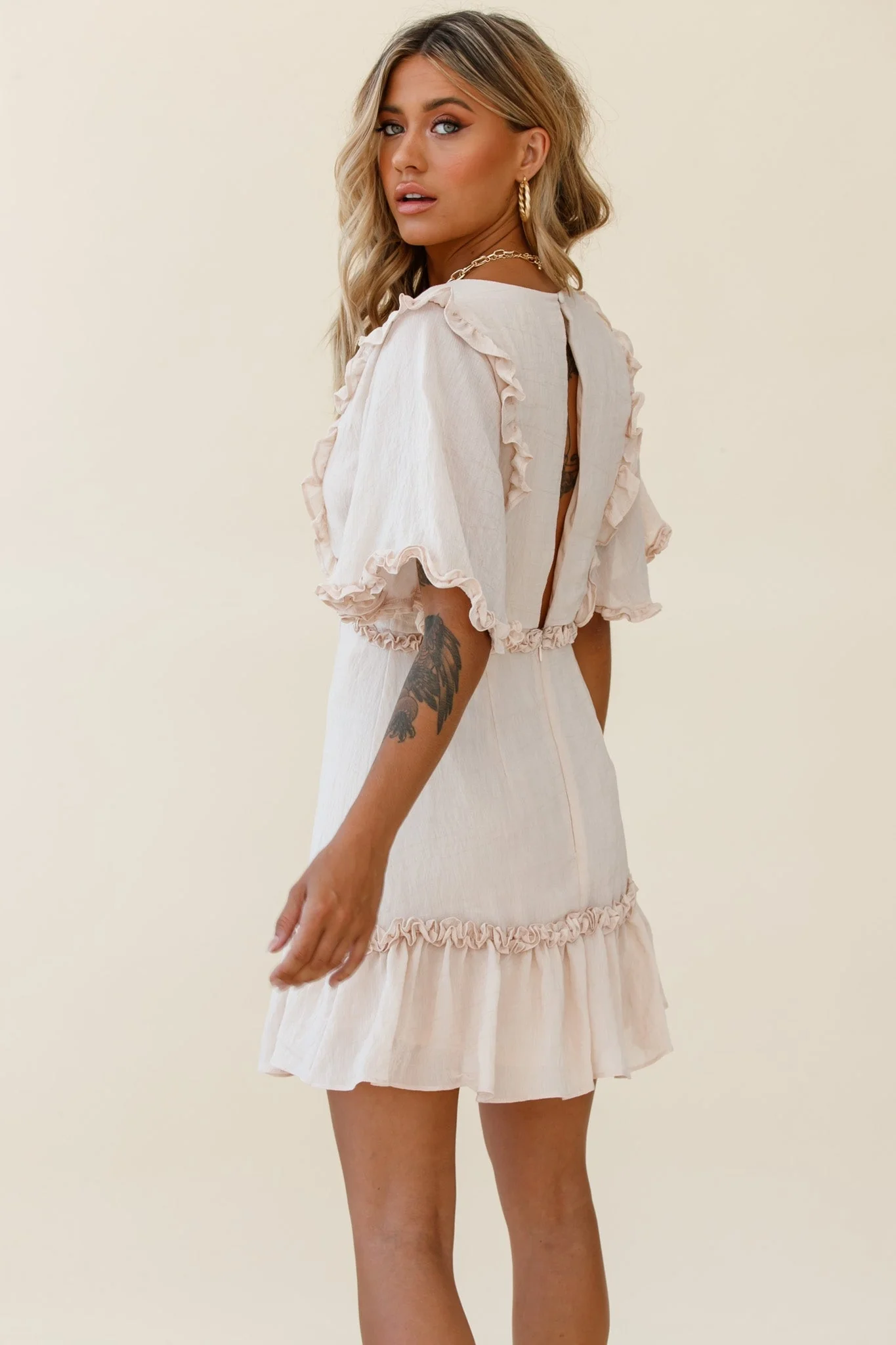 Halo V-Neckline Frill Detail Dress Nude - Image 10