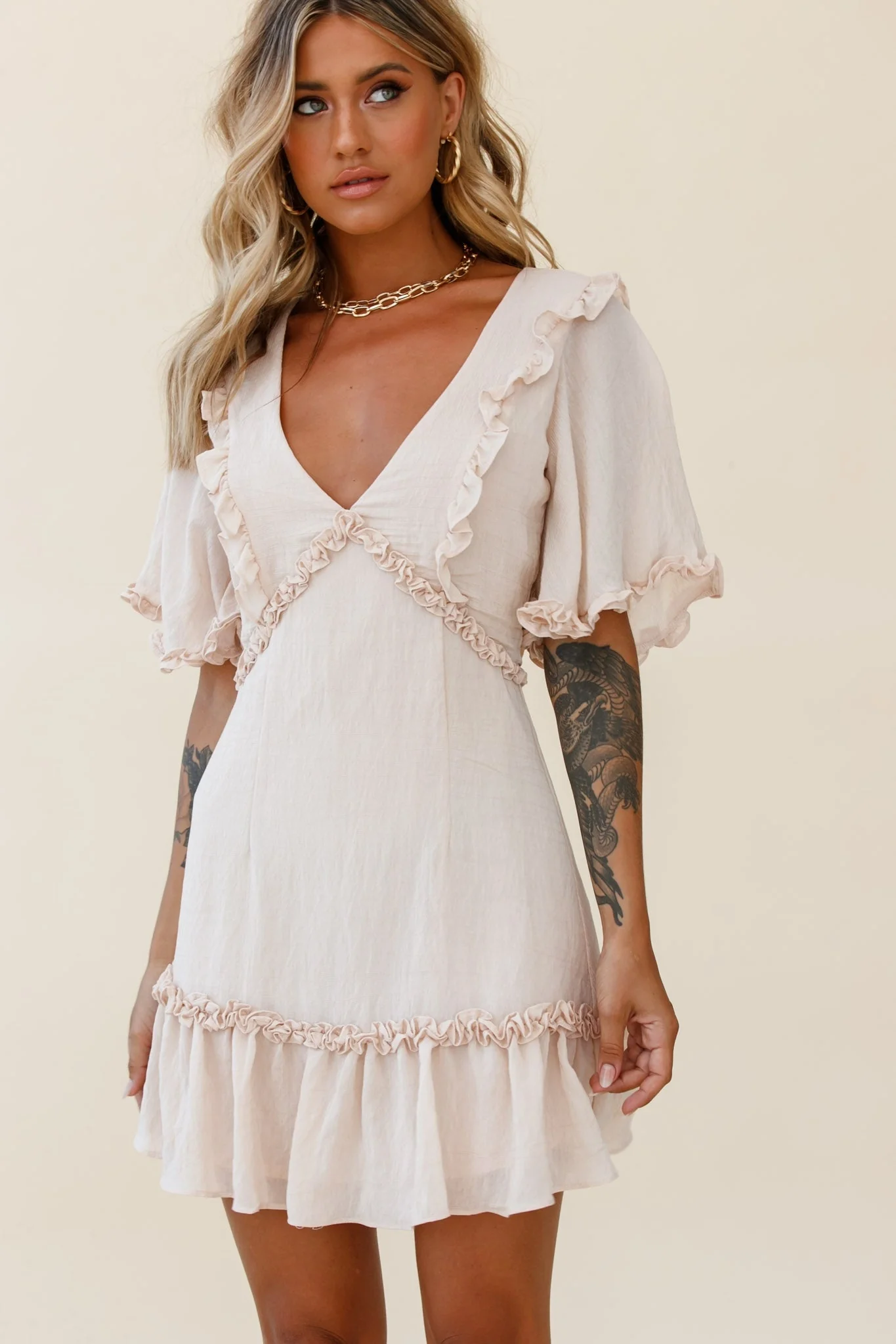 Halo V-Neckline Frill Detail Dress Nude - Image 12