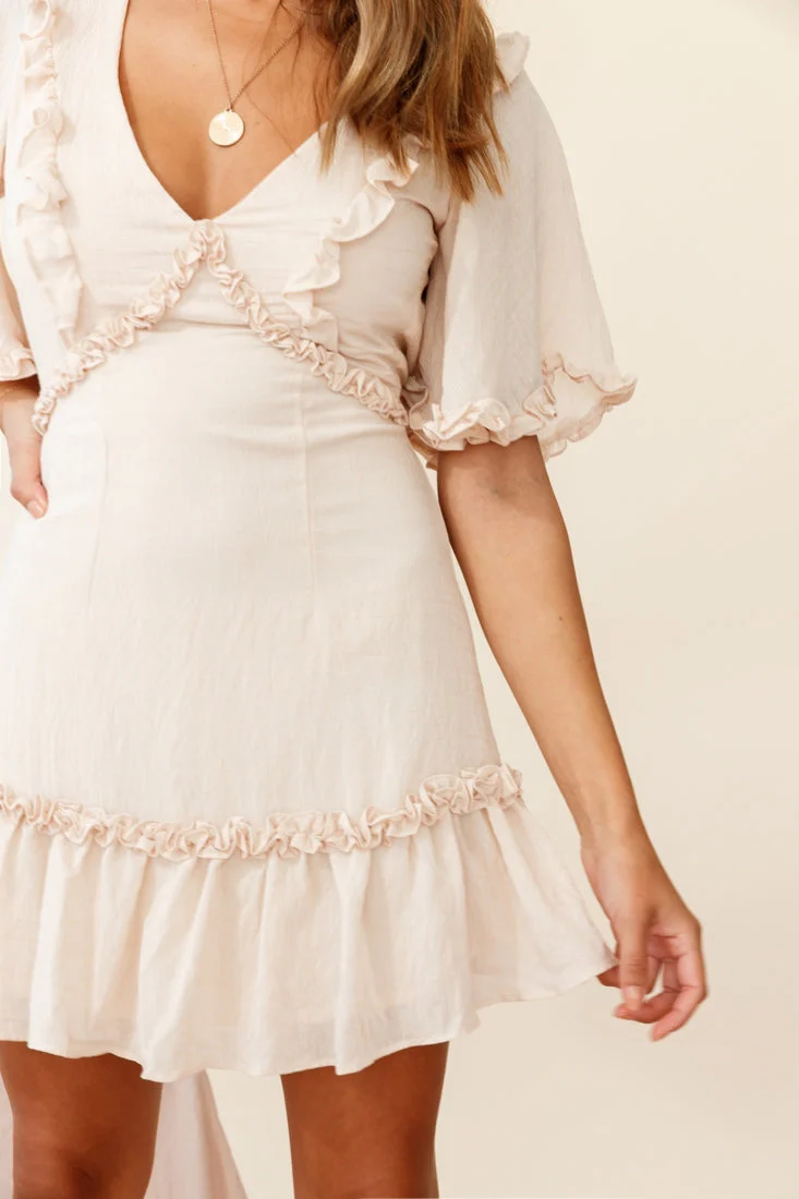 Halo V-Neckline Frill Detail Dress Nude - Image 5