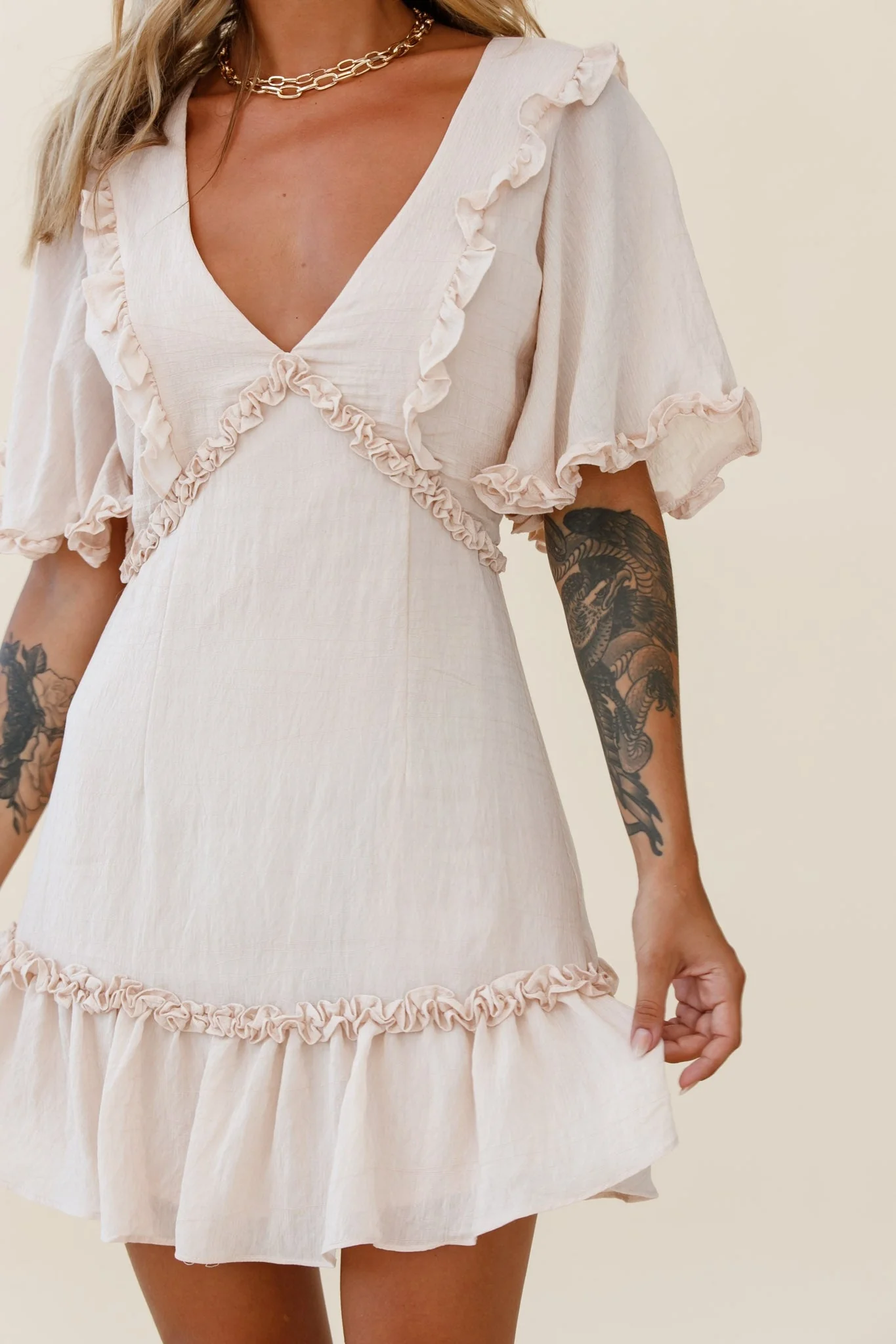 Halo V-Neckline Frill Detail Dress Nude - Image 9