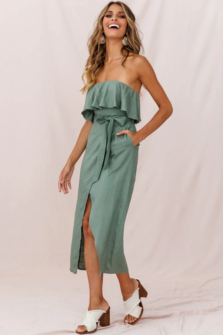 Hamilton Bandeau Ruffle Midi Dress Olive - Image 2