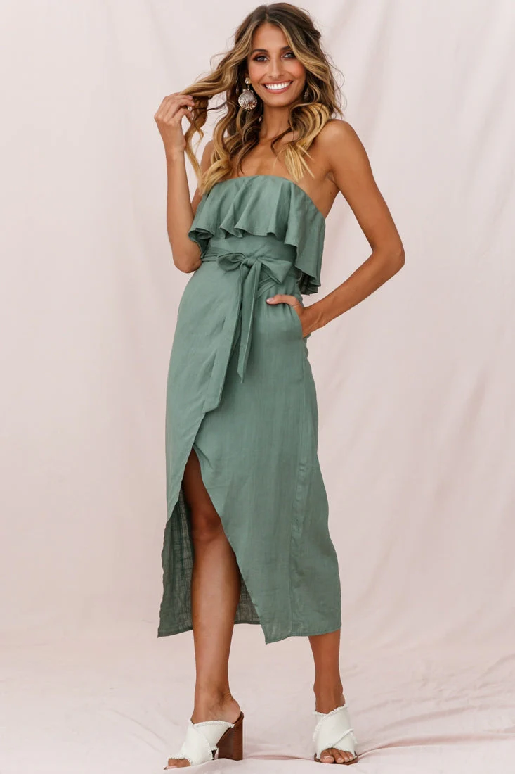 Hamilton Bandeau Ruffle Midi Dress Olive - Image 6