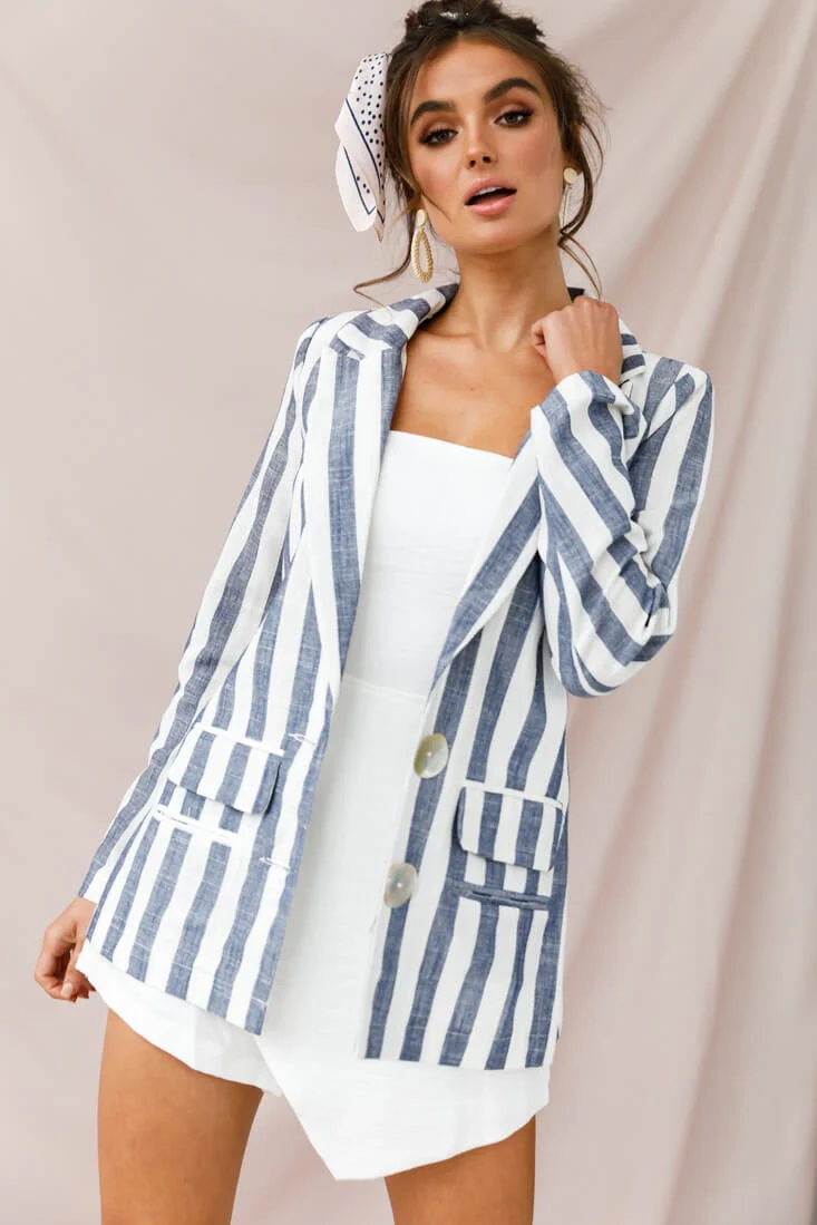 Hamptons Striped Notched Lapel Jacket Blue - Image 5