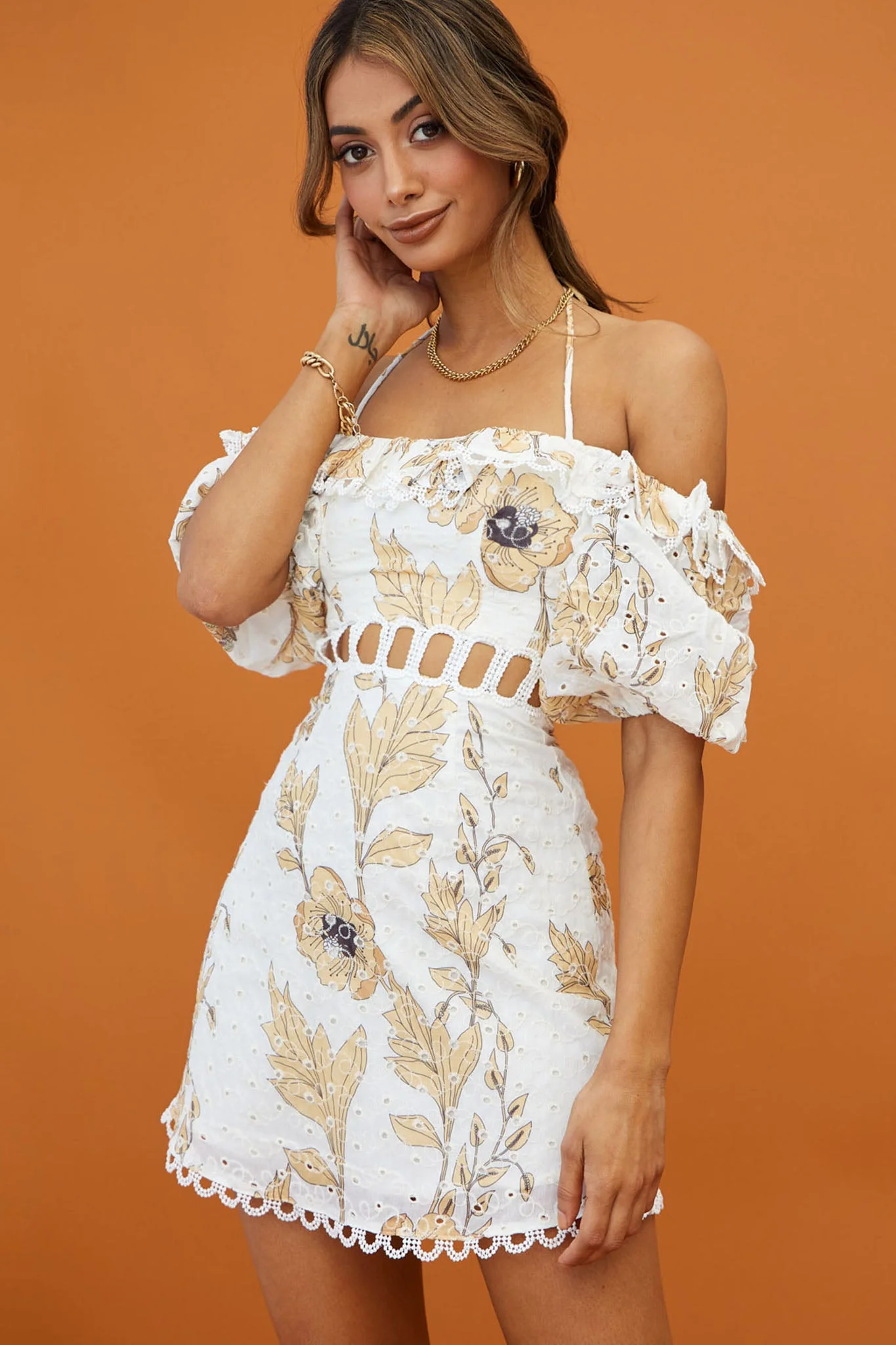 Happy Days Halterneck Puff Sleeve Eyelet Dress Floral Print Sunflower - Image 4
