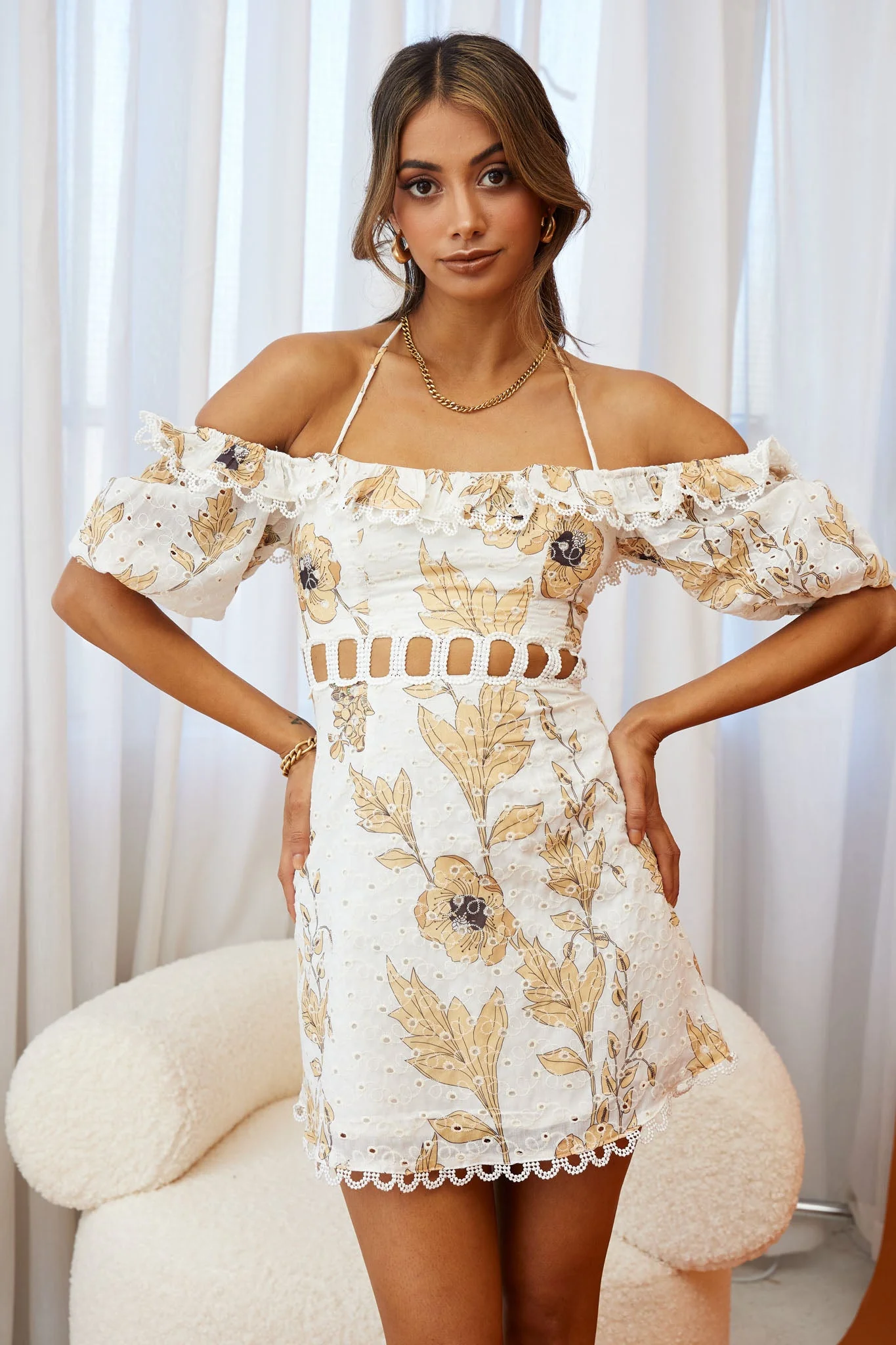 Happy Days Halterneck Puff Sleeve Eyelet Dress Floral Print Sunflower - Image 6