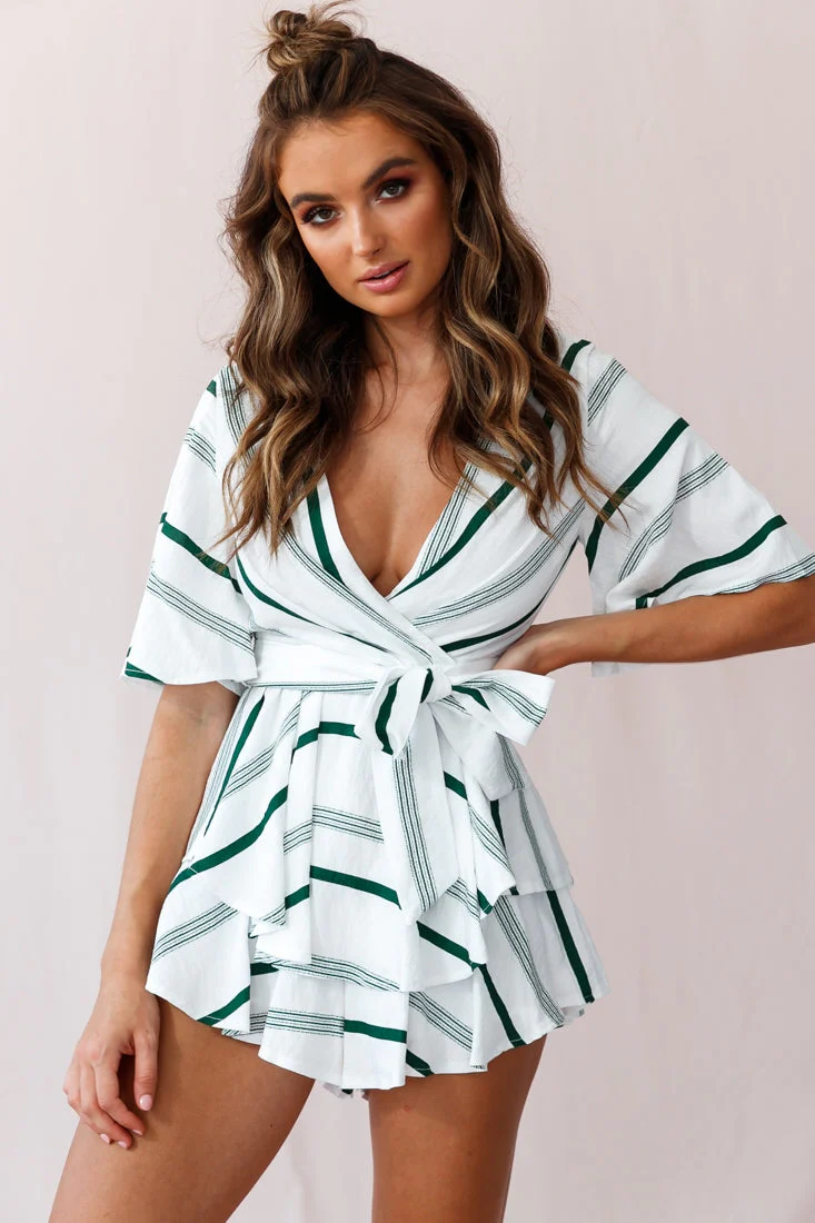 Happy Hour Deep V-Neckline Open Back Romper Green - Image 2