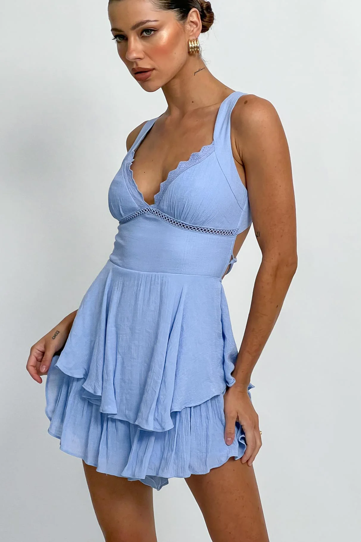 Hard To Catch Lace-Up Back Romper Blue - Image 2