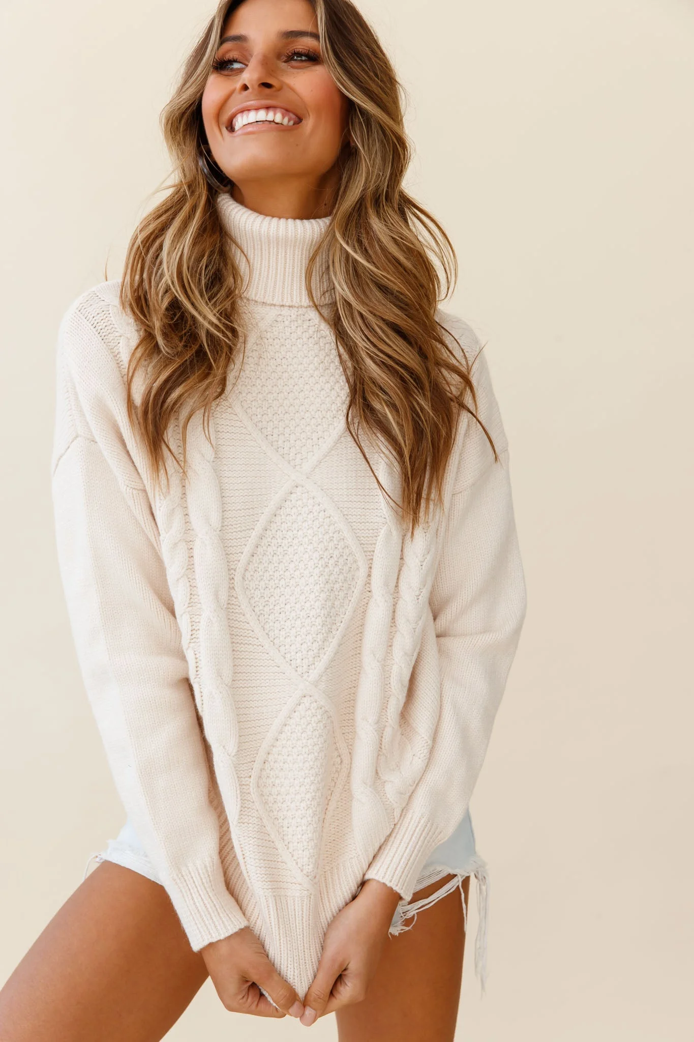 Hark Rolled Turtleneck Cable Knit Detail Sweater Cream - Image 5
