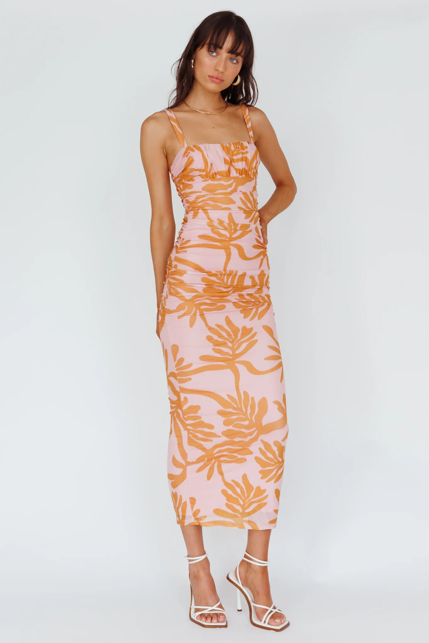 Hawaiian Sun Ruched Bust Midi Dress Print Pink - Image 5