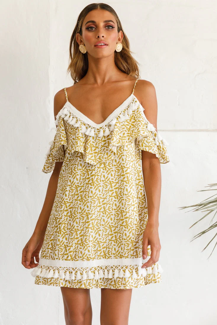 Hayman Cold-Shoulder Tassel Trim Dress Mustard Print - Image 2