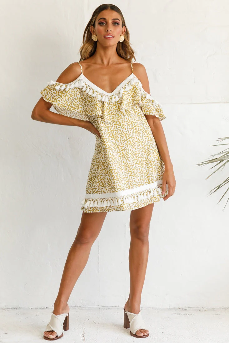 Hayman Cold-Shoulder Tassel Trim Dress Mustard Print - Image 3