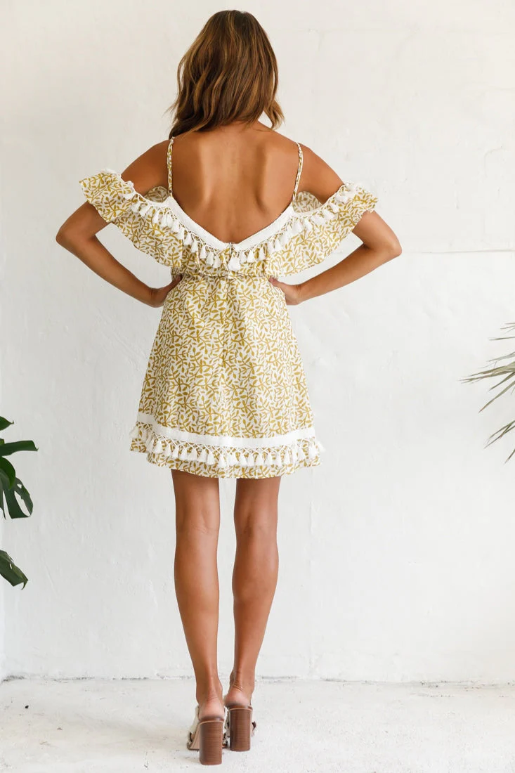 Hayman Cold-Shoulder Tassel Trim Dress Mustard Print - Image 4